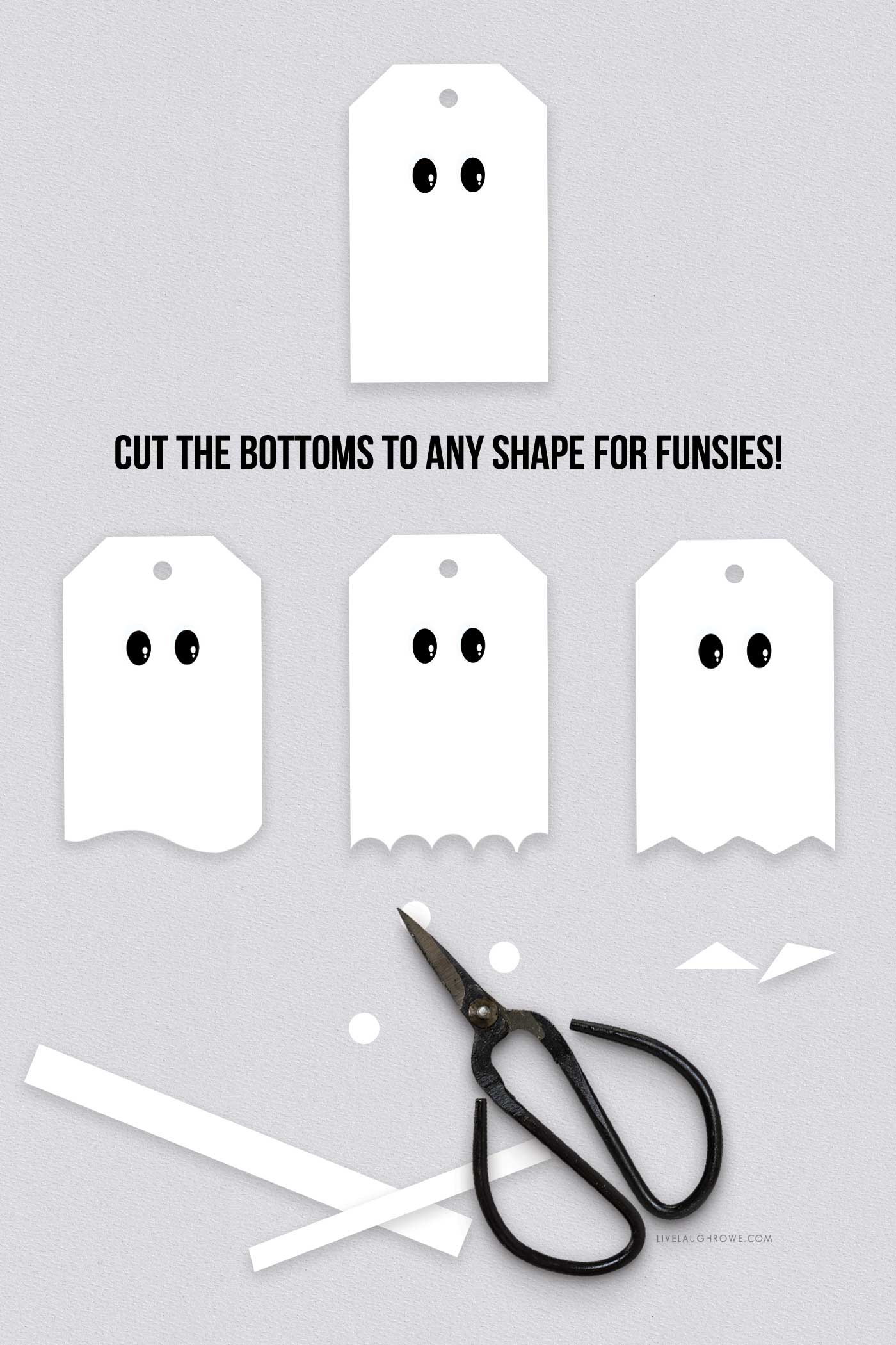Cut-out paper tags shaped like friendly ghosts with different scalloped and wavy bottoms on a light gray background.