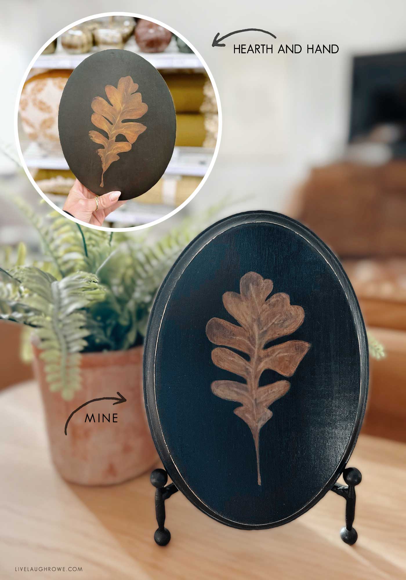 A side-by-side comparison of two oval leaf art pieces — one from Hearth & Hand and a handmade version displayed on a small stand in front of a potted fern. The DIY leaf art features a rustic brown leaf painted on a dark background, blending perfectly with cozy fall home décor.