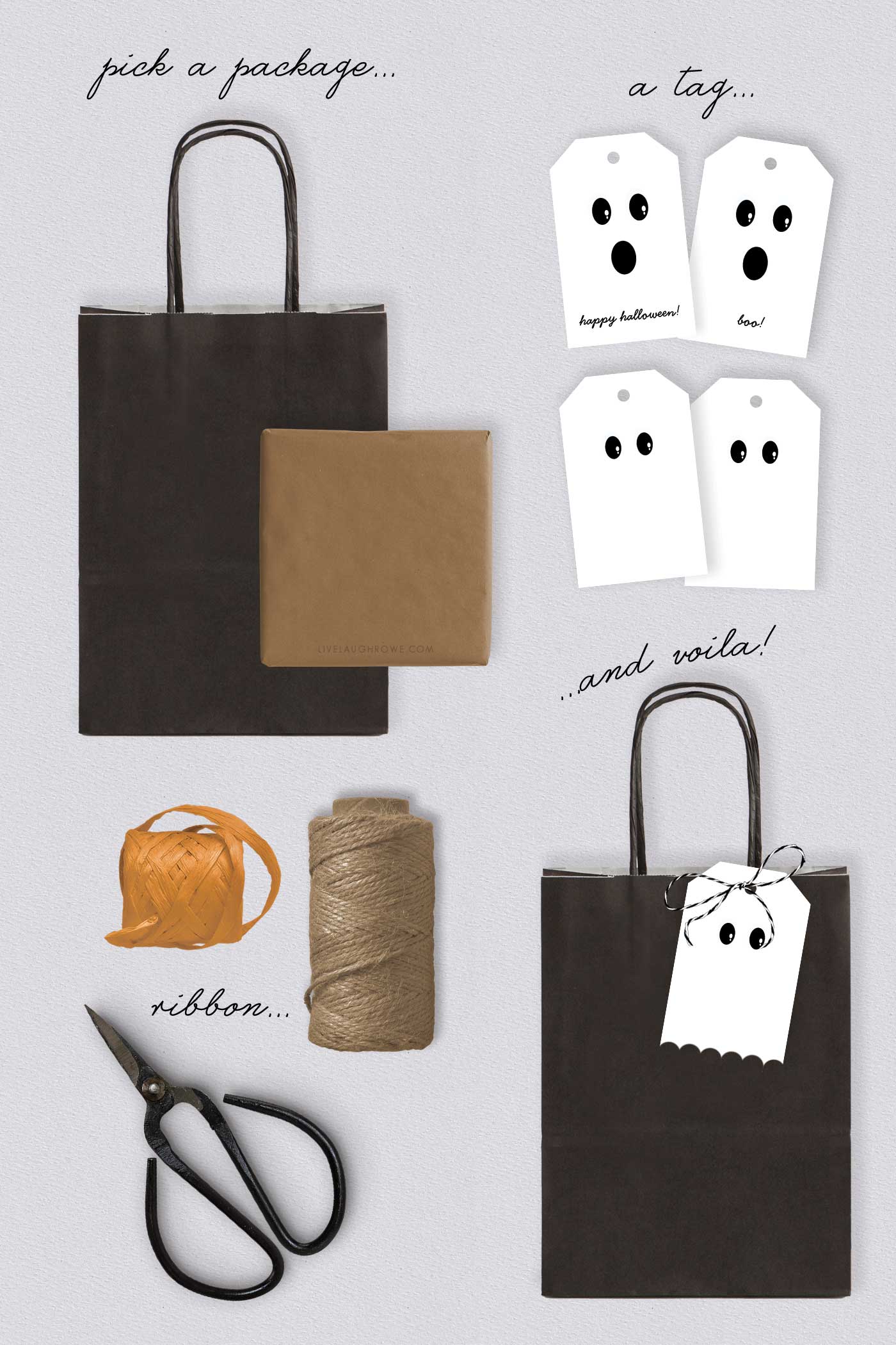 Finished Halloween tags with cheerful ghost faces, one tied with black and white ribbon next to black scissors, spool of twine and other packages
