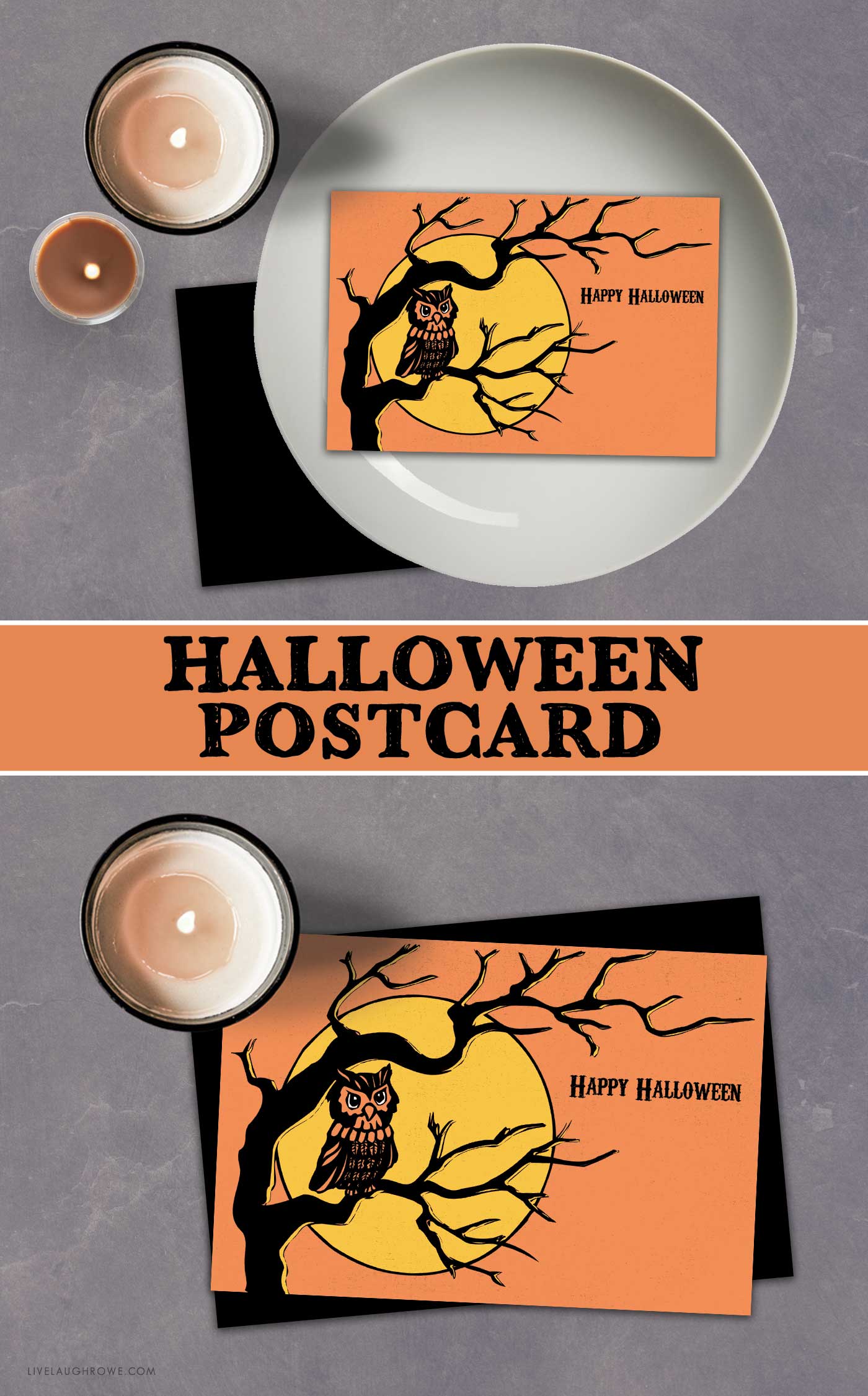 Retro Halloween postcard printable featuring a vintage owl and full moon on an orange background, styled with candles and a modern flat lay — printable by Live Laugh Rowe.
