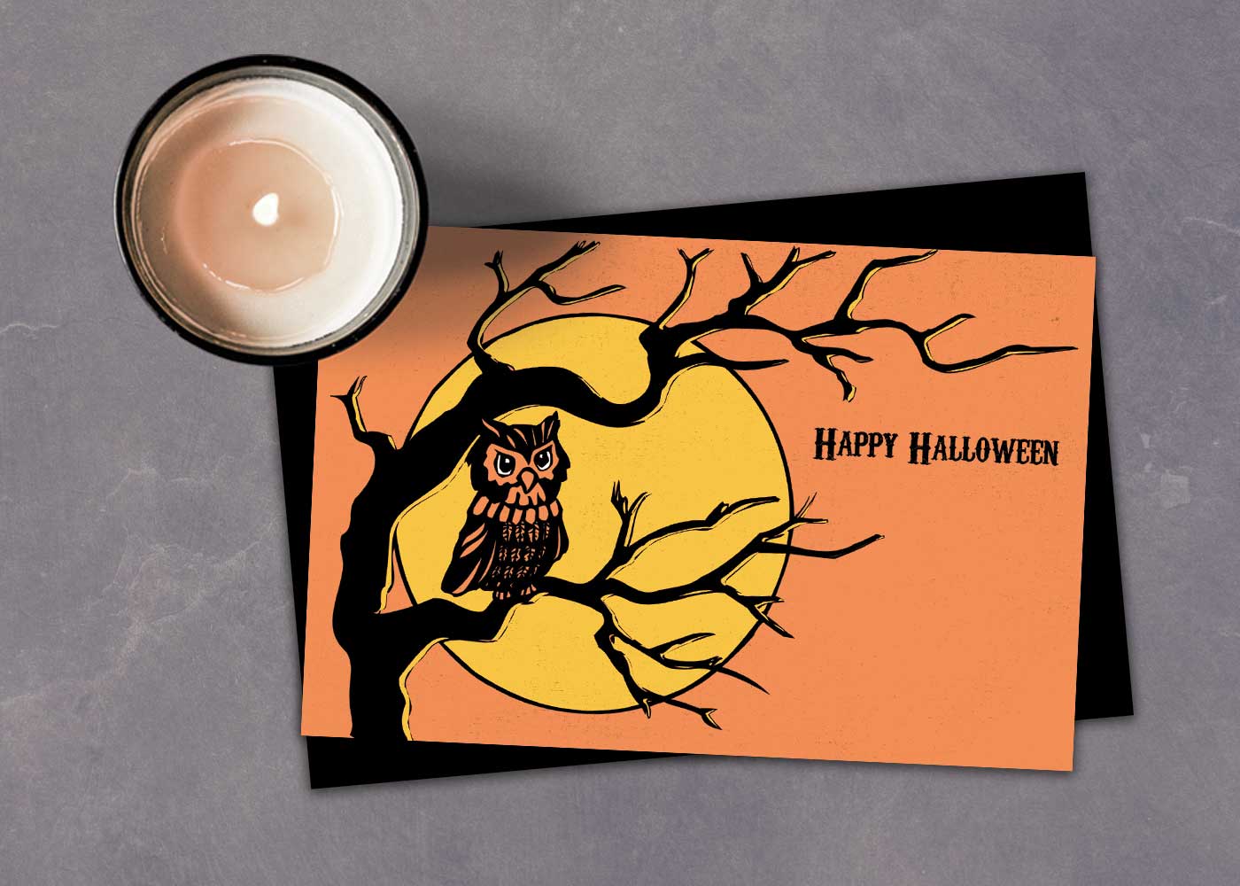 Printable Retro Halloween Postcard with owl perched on a branch in front of a yellow moon, orange background, and Happy Halloween text — nostalgic vintage-style printable.”