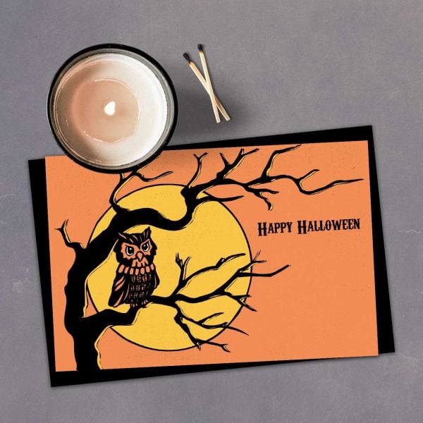 Square photo of a Halloween printable with owl and moon design on orange background, perfect for festive Halloween decor