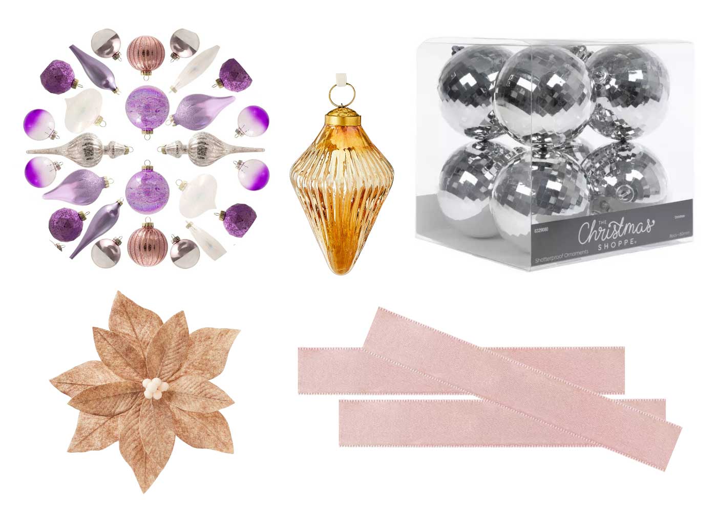 pink, blush, silver and gold tree ornaments for a pink themed tree