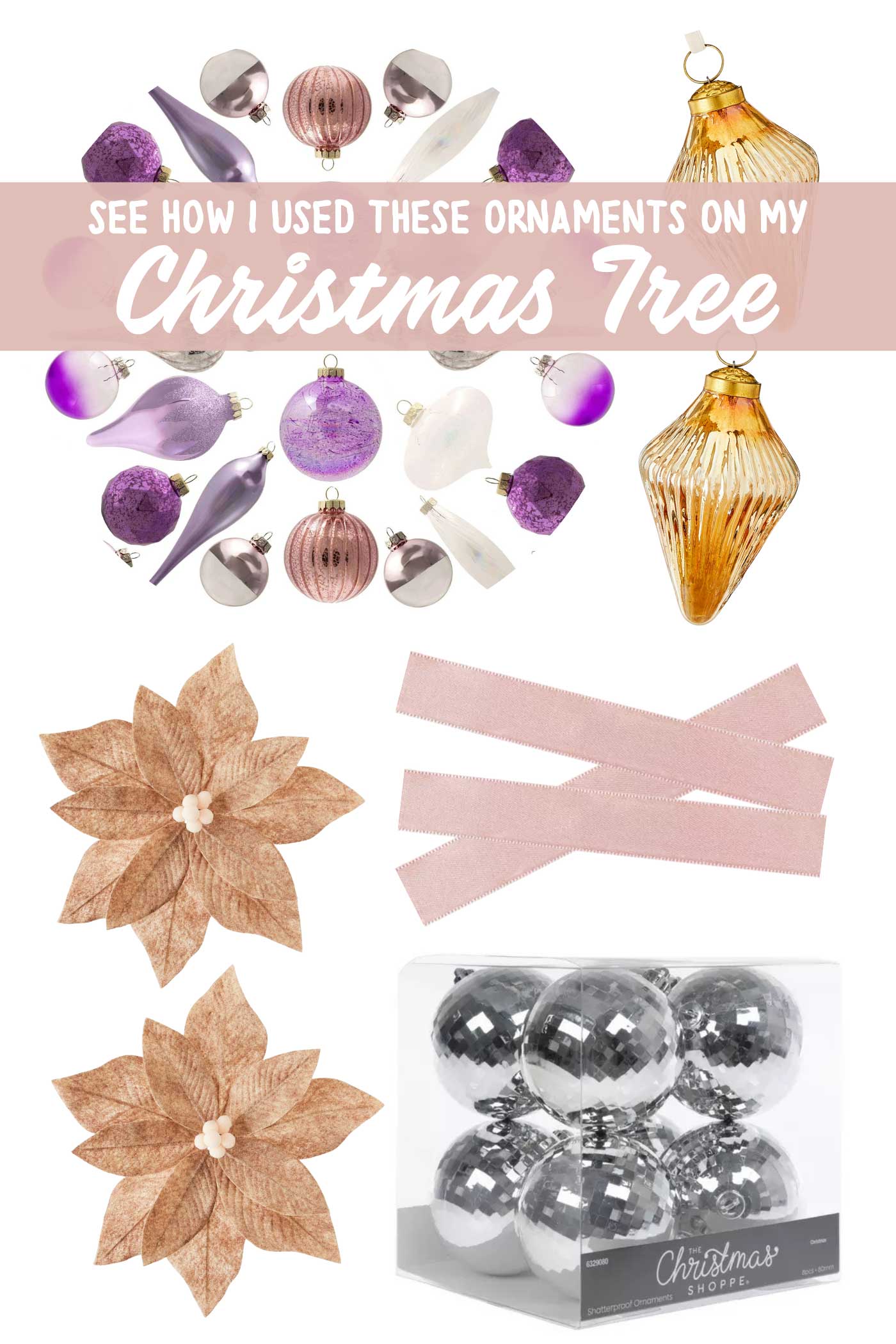 pink, blush, silver and gold tree ornaments for a pink themed tree