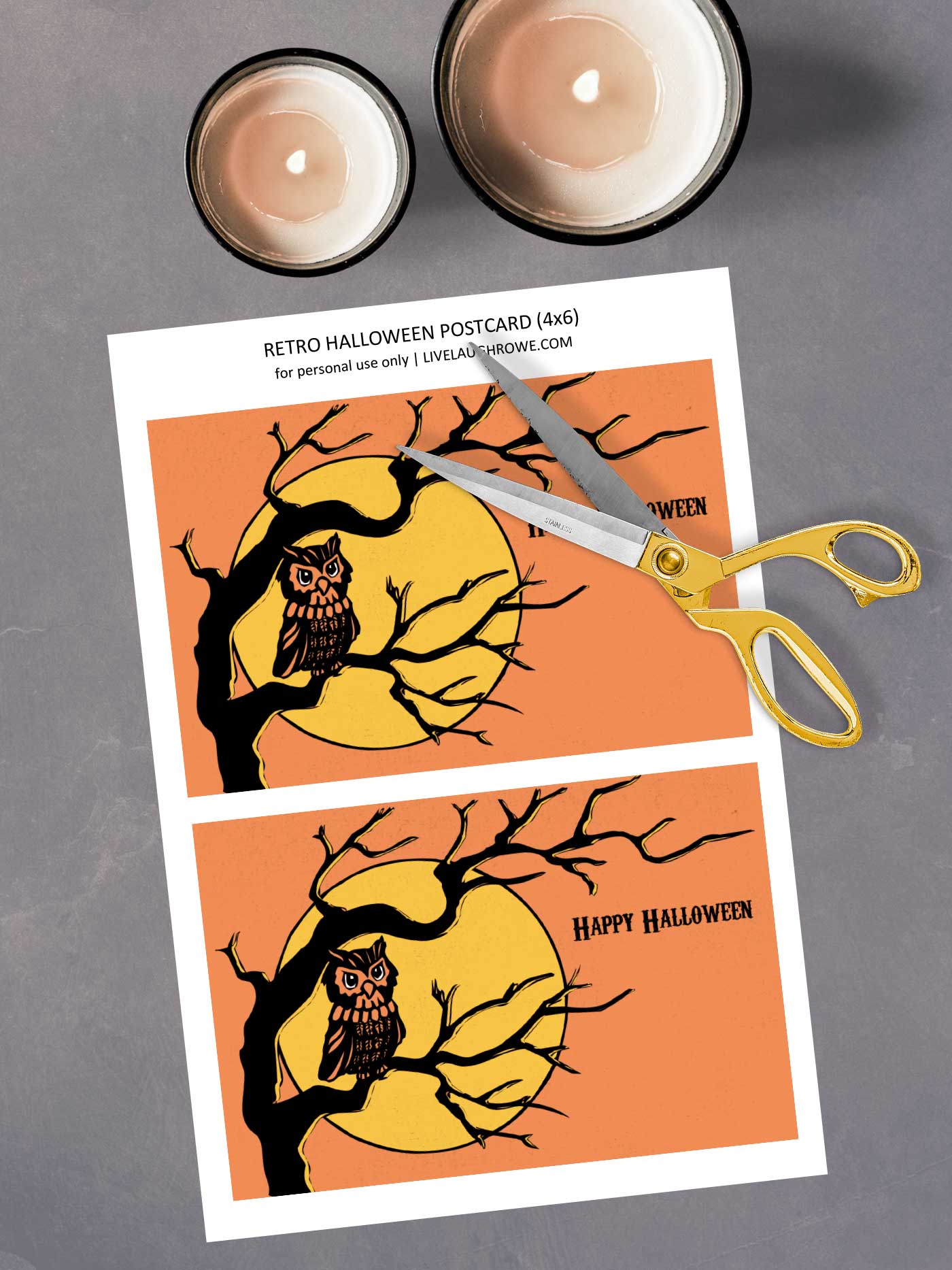 Printable sheet showing two Retro Halloween Postcards ready to print and cut, styled with gold scissors and candles — free Halloween printable by Live Laugh Rowe.