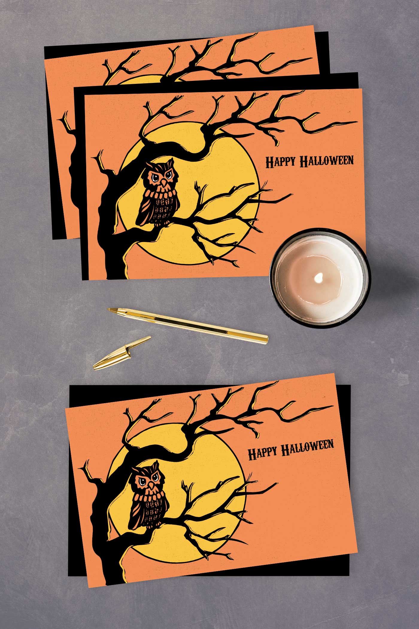 Retro Postcards for Halloween stacked with candles and gold pen — printable not so spooky postcards perfect for sending festive snail mail.