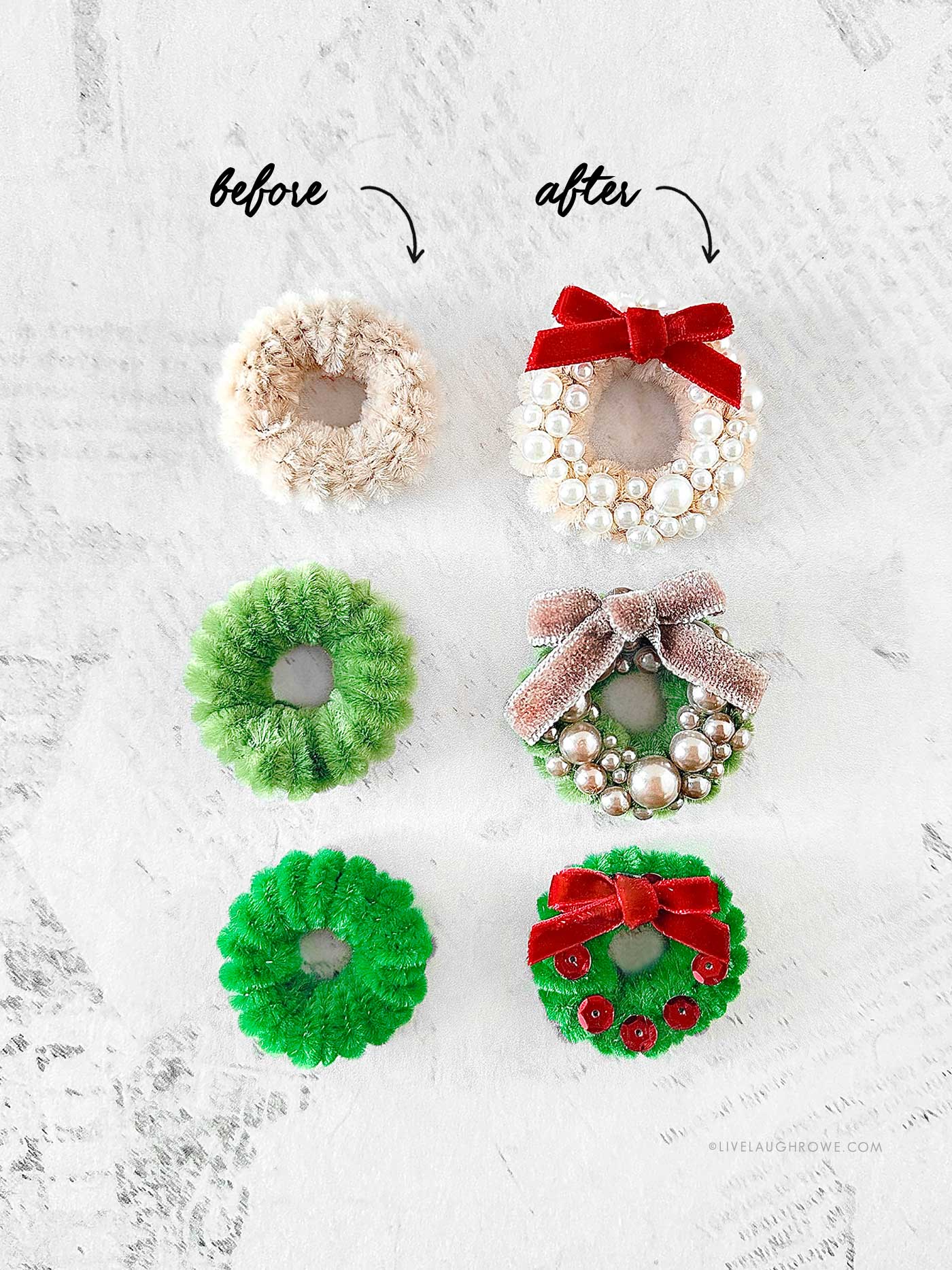 Decorating the mini pipe cleaner wreath with pearls and sequins.
