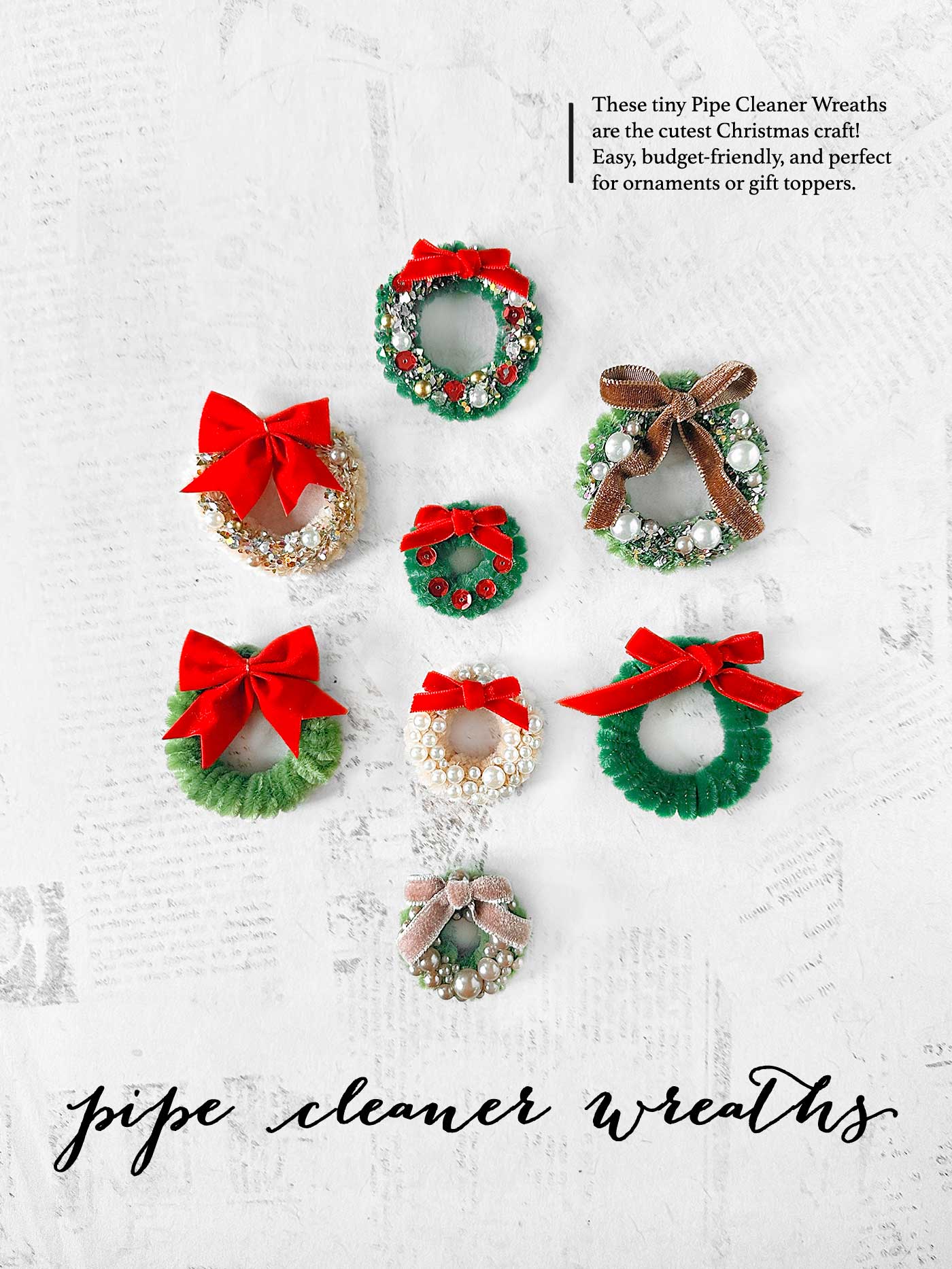 finished pipe cleaner wreaths decorated with bows, pearls, and sequins in festive holiday colors.