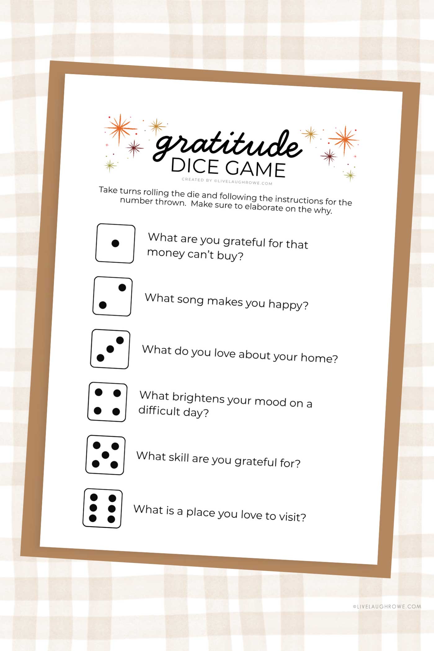 A printed activity sheet placed on a soft neutral background.