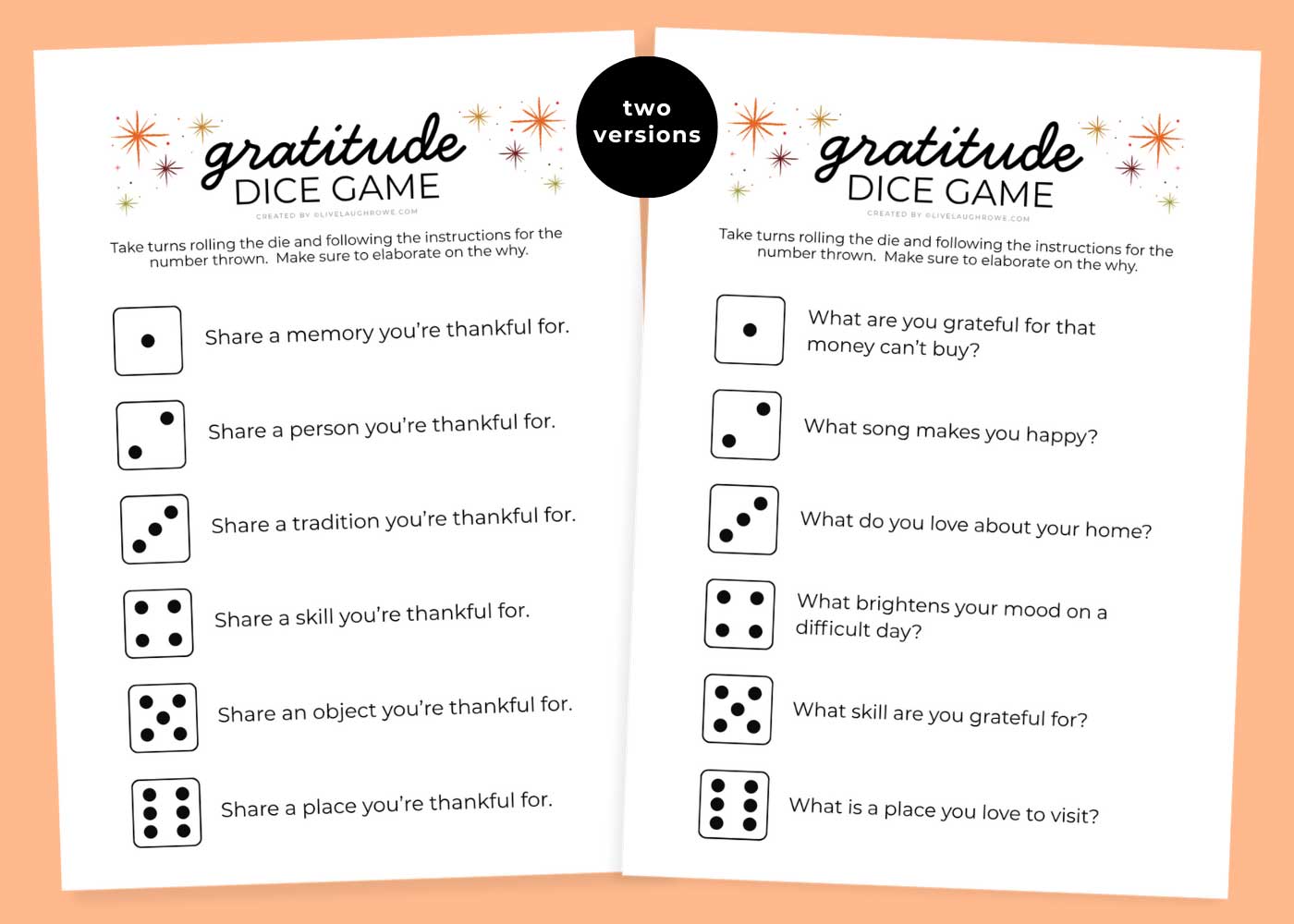 Two versions of the Gratitude Dice Game shown together, designed for Thanksgiving gatherings and family activities.