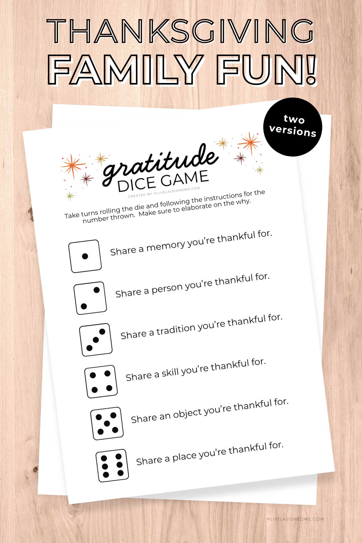 A printed activity sheet on a wooden tabletop with title text displayed above it.