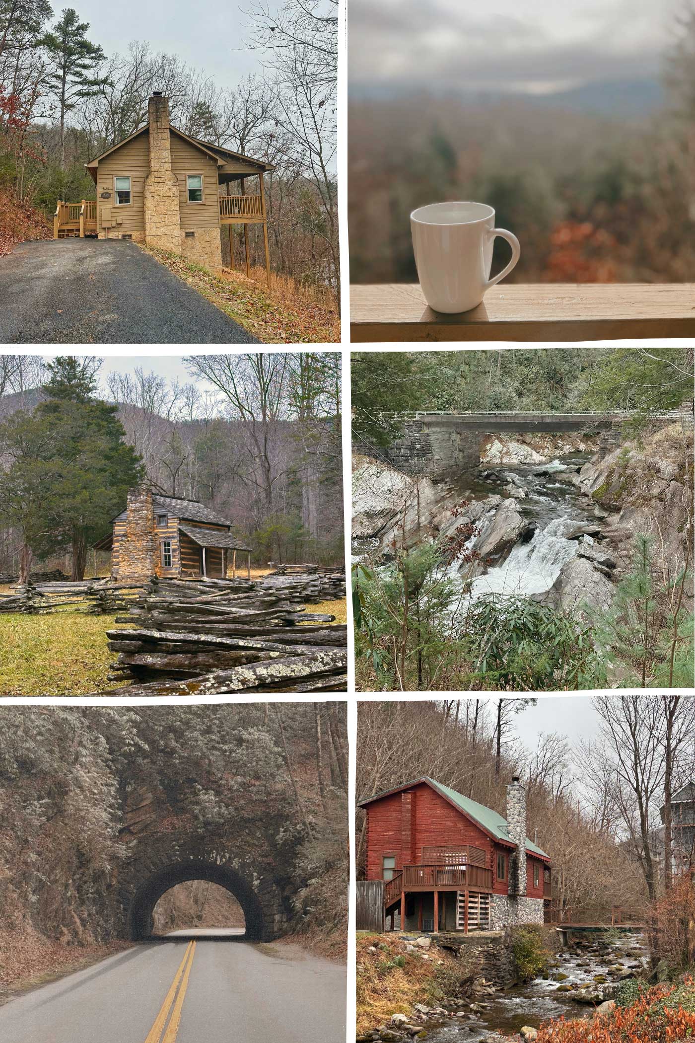 Photo collage featuring cozy mountain cabins, scenic Smoky Mountain views, forest roads, rustic interiors, and peaceful creekside landscapes in the Great Smoky Mountains