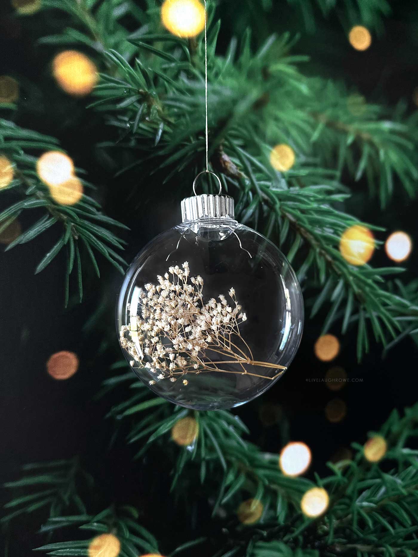 Finished ornament filled with dried baby’s breath hanging on a Christmas tree with warm glowing lights.