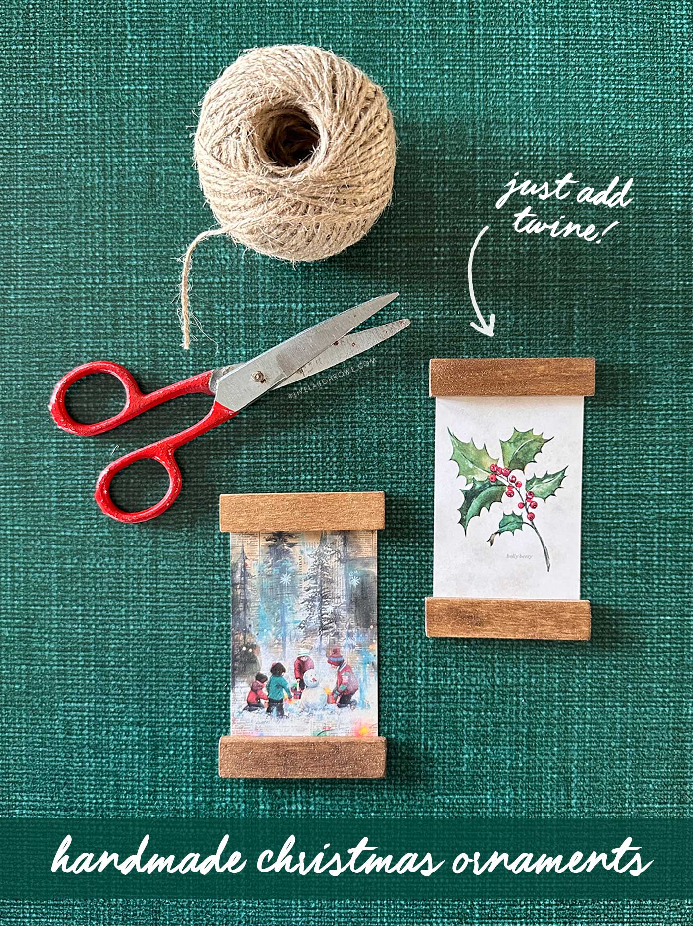 Finished mini poster hanger ornaments alongside scissors and twine, ready for hanging on the Christmas tree. Text overlays are present.