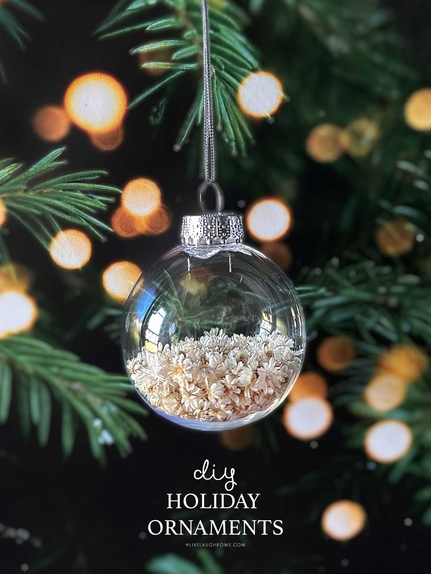 Transparent ornament filled with tiny cream-colored dried star flowers, hanging against a blurred Christmas tree with glowing lights.