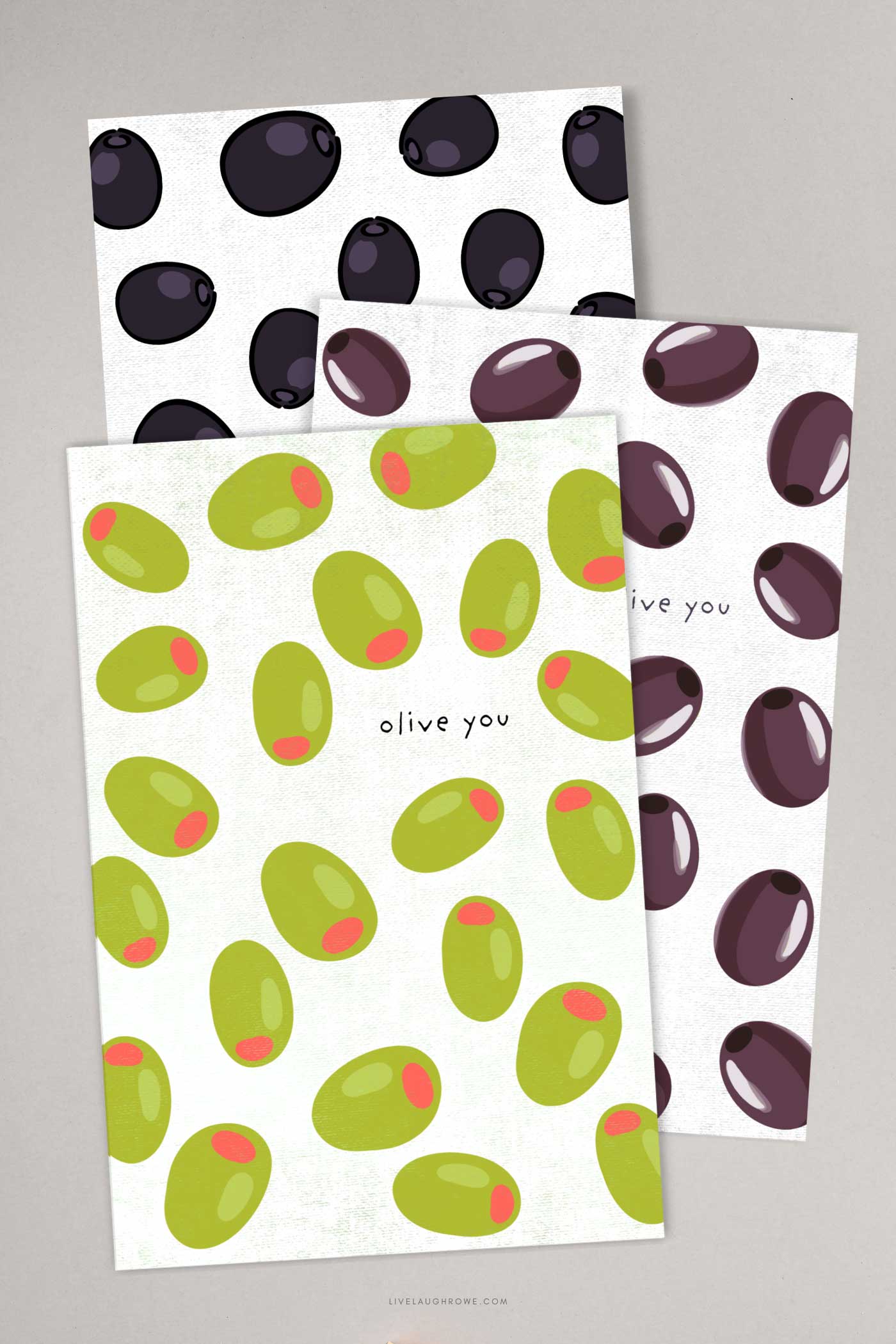 Stacked olive-themed Valentine cards showing green and black olive illustrations