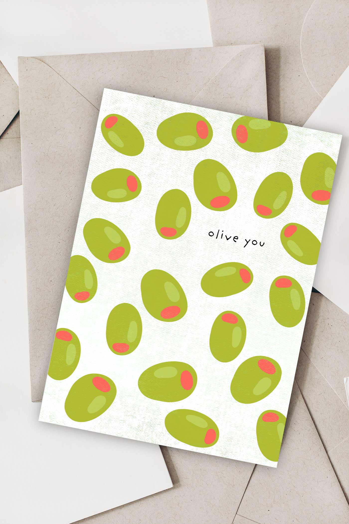 Olive You Printables featuring green olive pattern styled on neutral envelopes