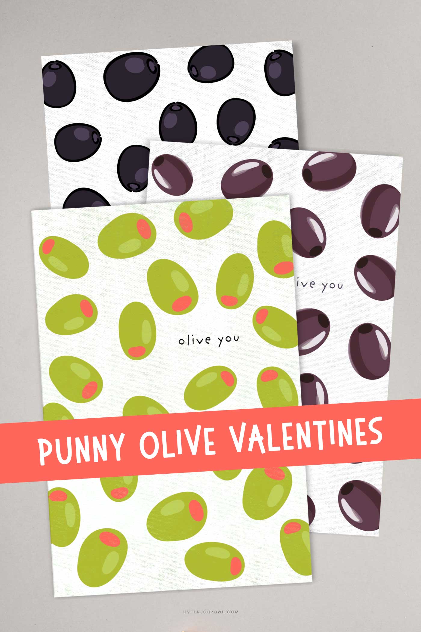 Stacked olive-themed Valentine cards showing green and black olive illustrations