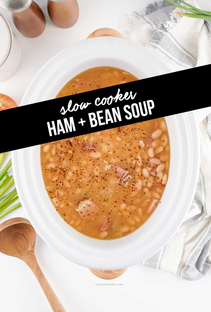 Slow cooker filled with ham and bean soup