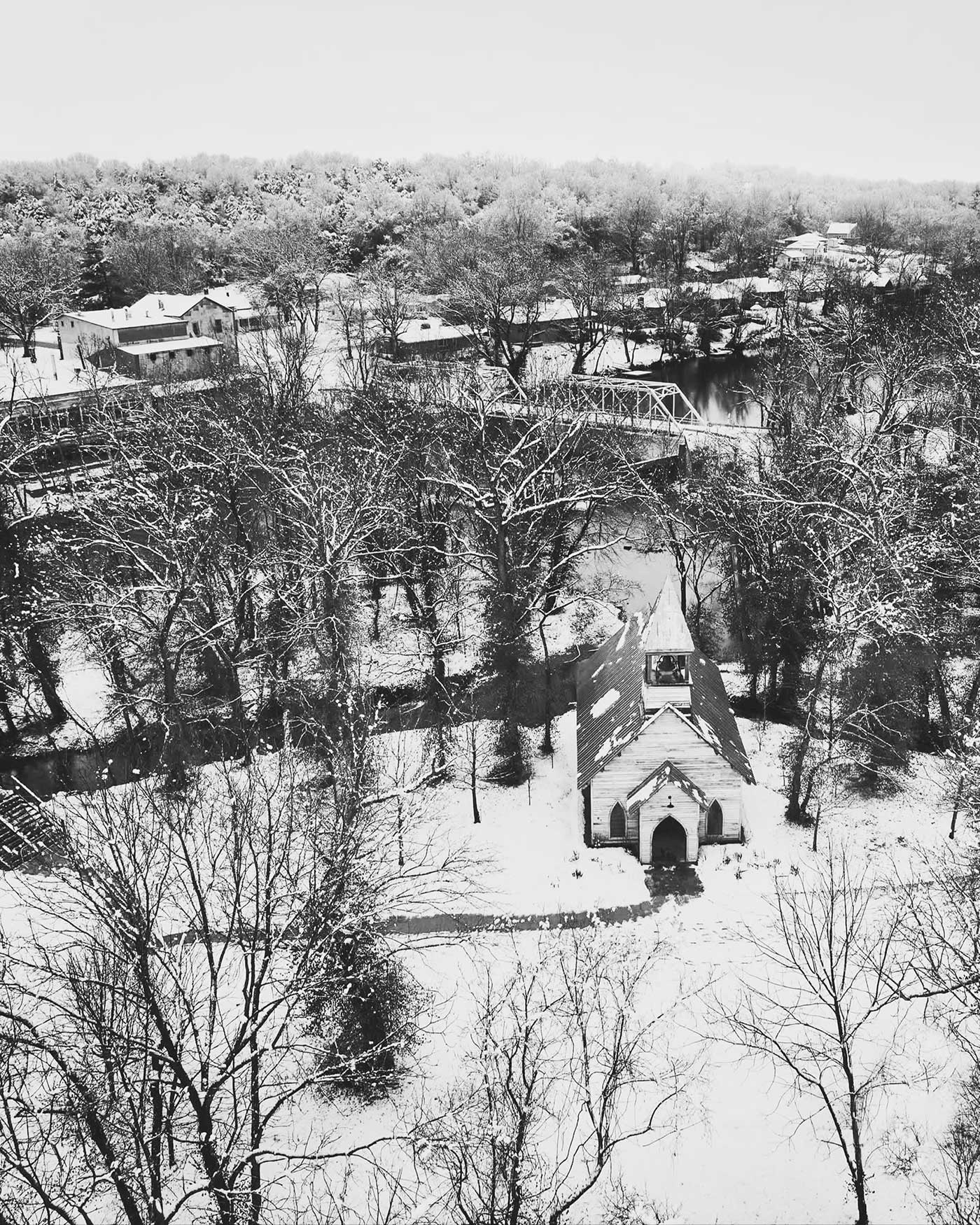 black and white photo of a wintery Finley Farms