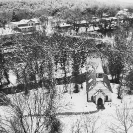 black and white photo of a wintery Finley Farms