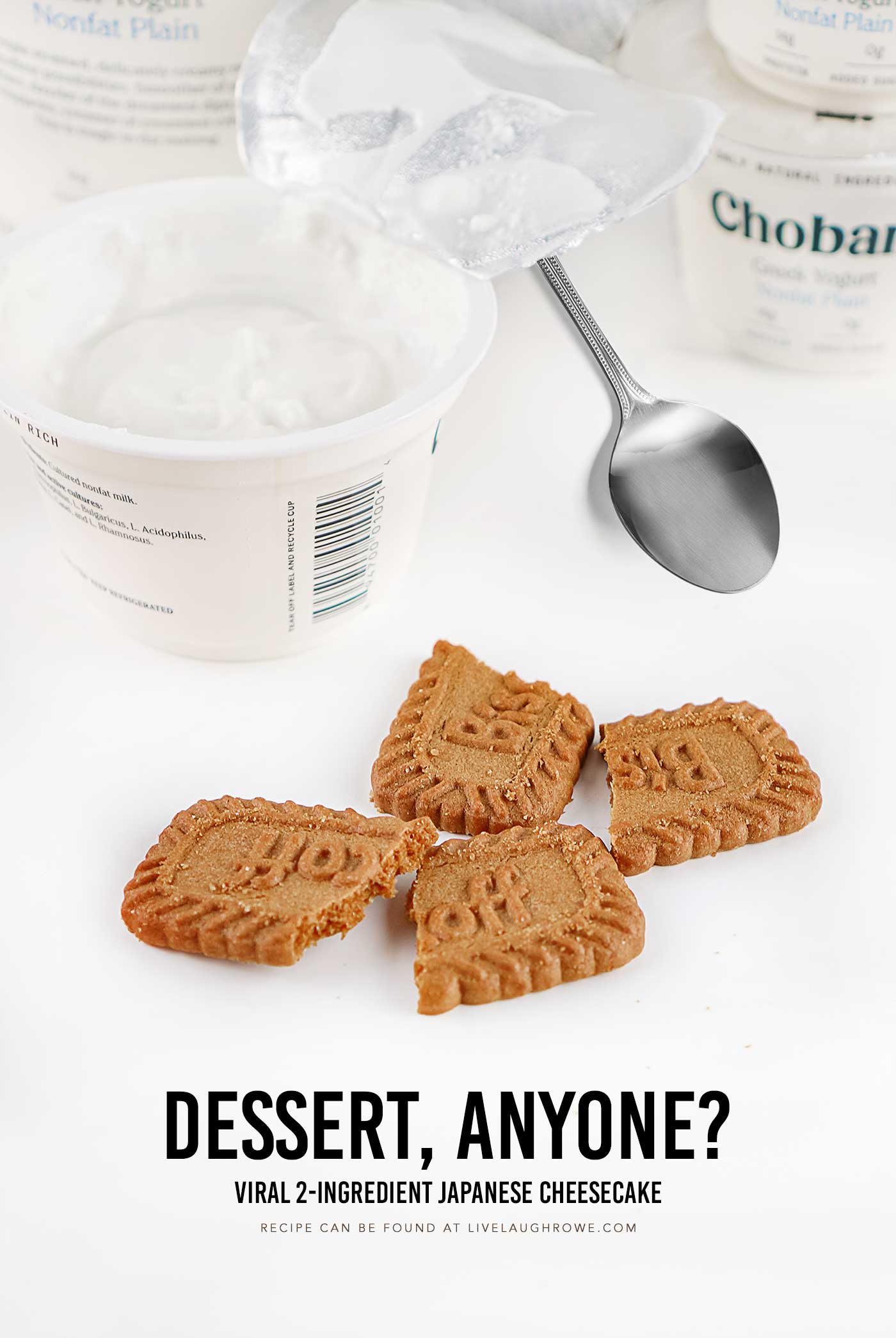Close-up of Biscoff cookies next to Greek yogurt with text overlay