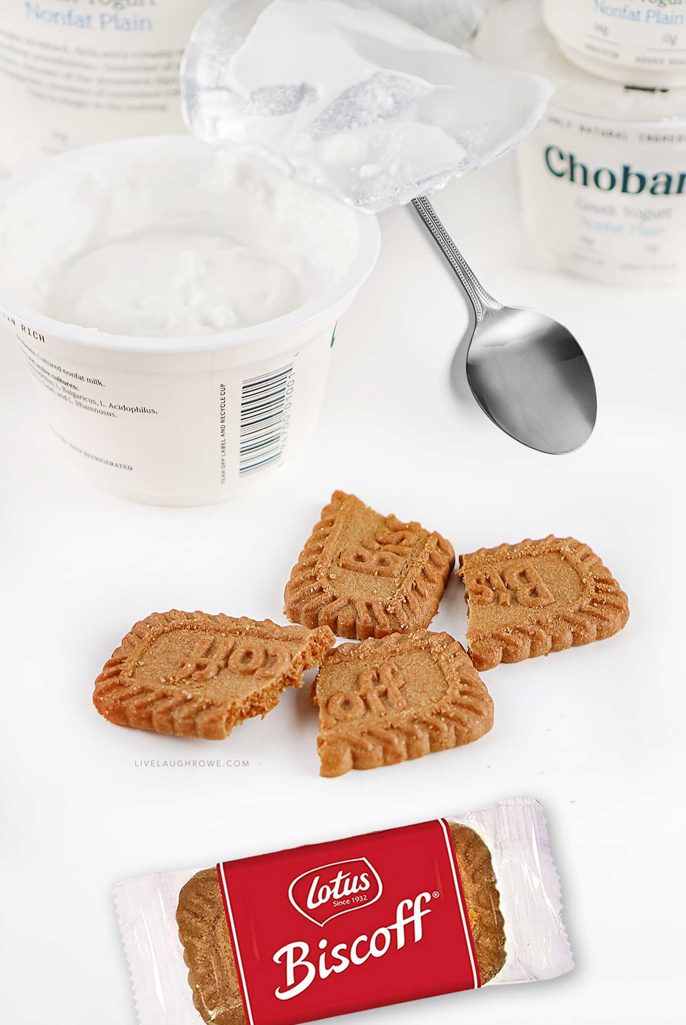 Close-up of Biscoff cookies next to Greek yogurt used to make a no-bake Japanese cheesecake dessert.