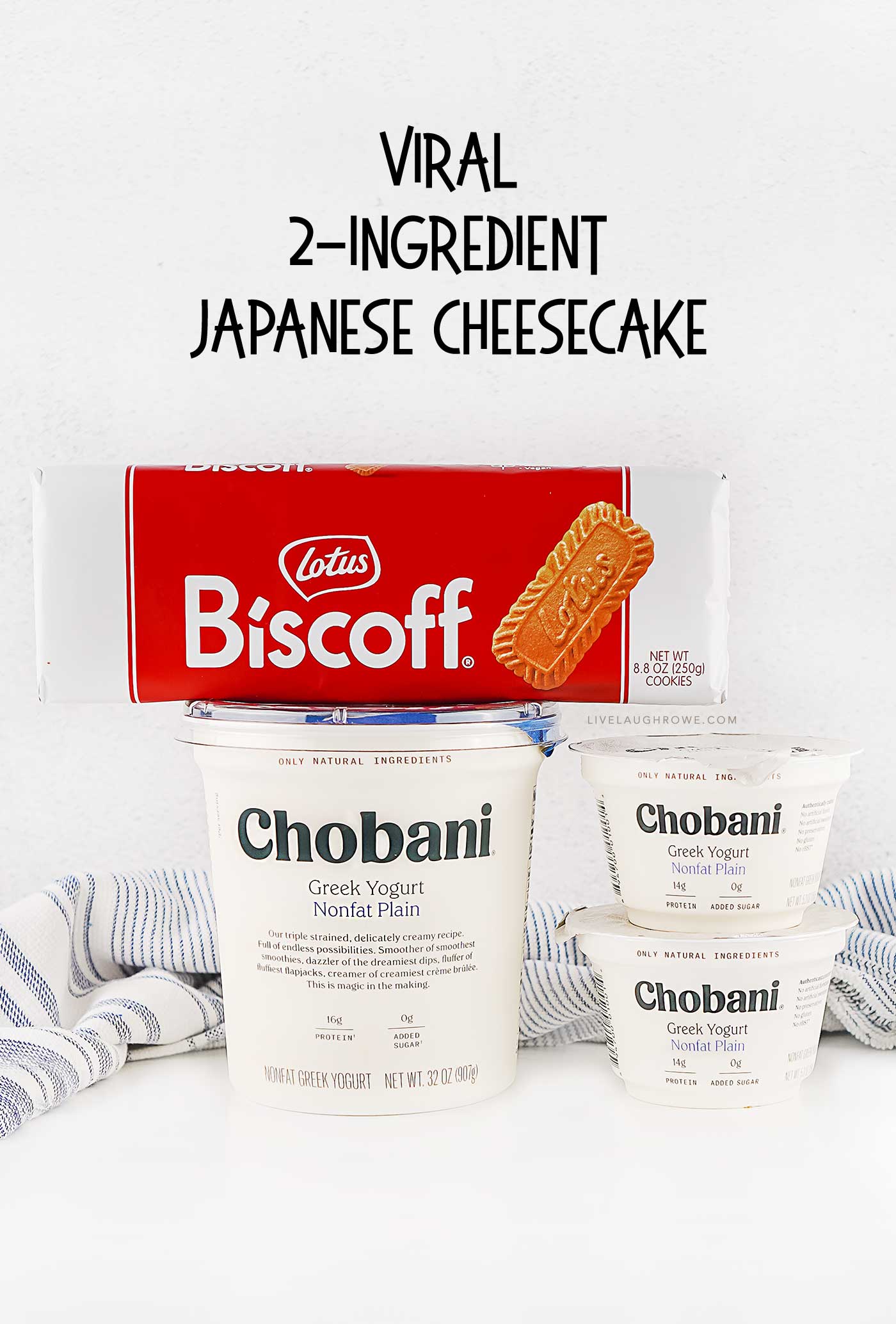 Greek yogurt containers and Biscoff cookies displayed together for making viral 2 ingredient Japanese cheesecake.