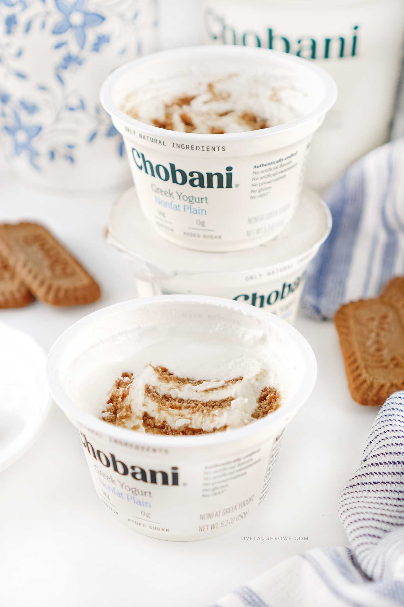 Individual cup of Japanese cheesecake made with Greek yogurt and Biscoff cookies pressed into the top before chilling.