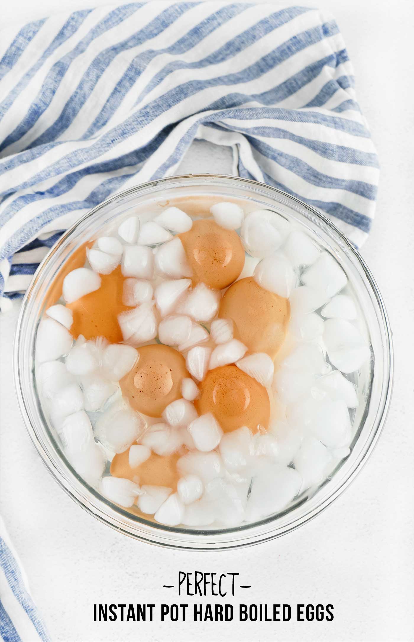 Hard boiled eggs cooling in an ice bath to stop the cooking process
