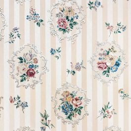 A floral wallpaper pattern featuring delicate bouquets framed by decorative accents on a soft striped background.