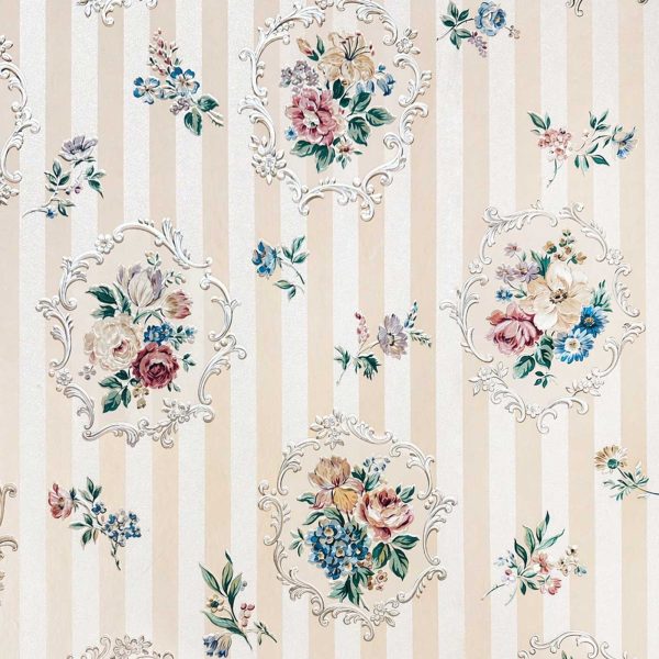 A floral wallpaper pattern featuring delicate bouquets framed by decorative accents on a soft striped background.