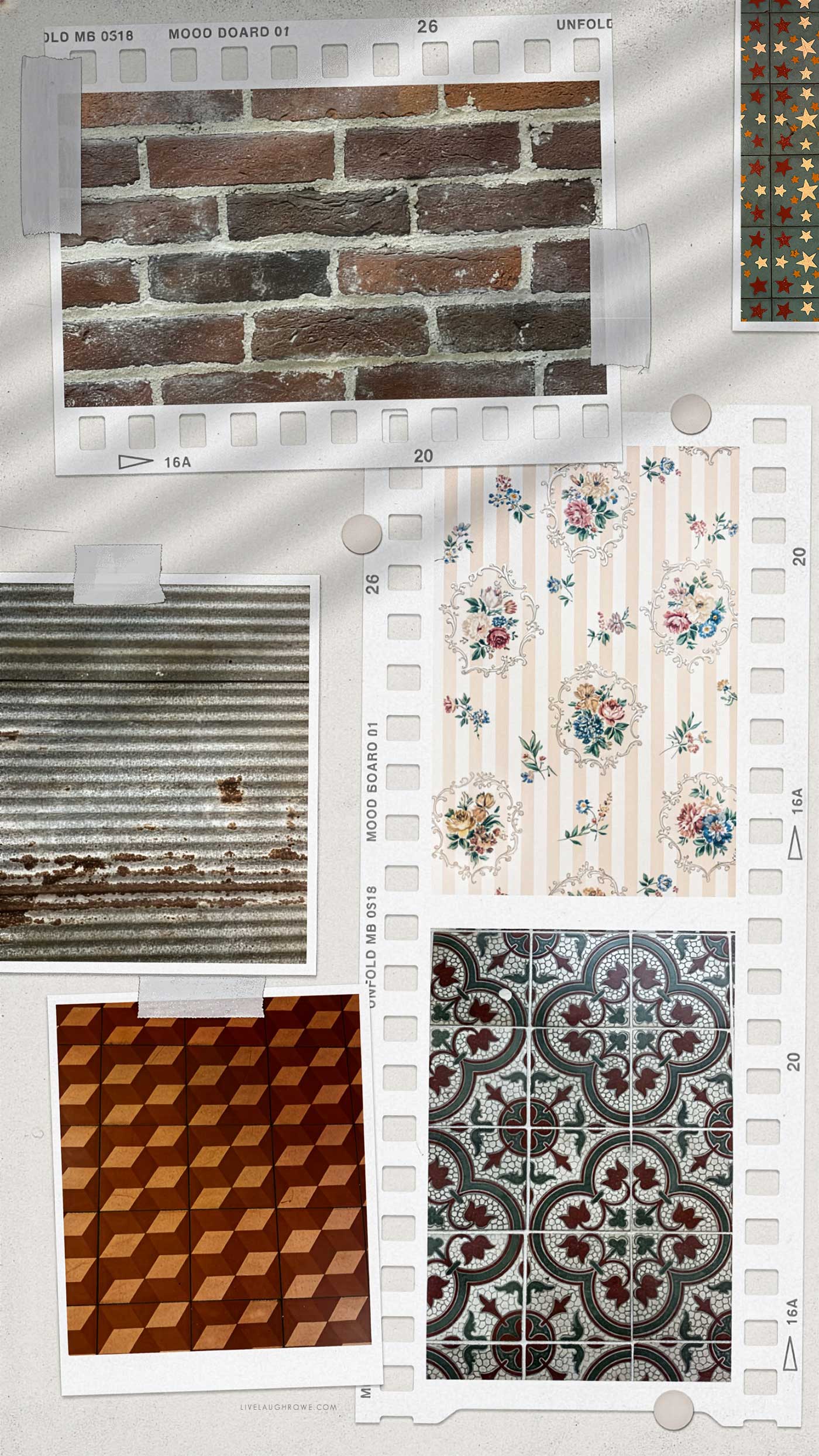 A collage of photos showing brick walls, corrugated metal, floral wallpaper, wood flooring, and patterned tile arranged in film-style frames.