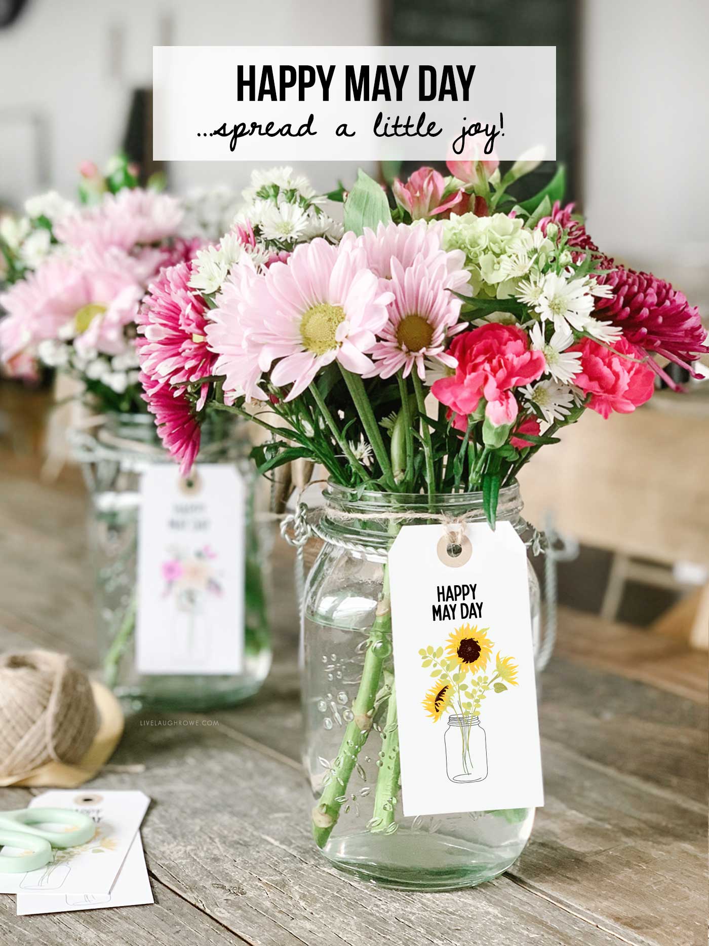 Happy May Day mason jar flower gift with printable tag and &ldquo;spread a little joy&rdquo; text overlay