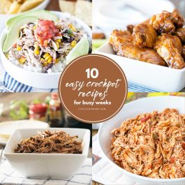 collage of easy crockpot dinners including chicken burrito bowls, BBQ chicken wings, shredded beef, and salsa chicken recipes