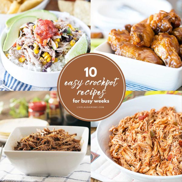 collage of easy crockpot dinners including chicken burrito bowls, BBQ chicken wings, shredded beef, and salsa chicken recipes