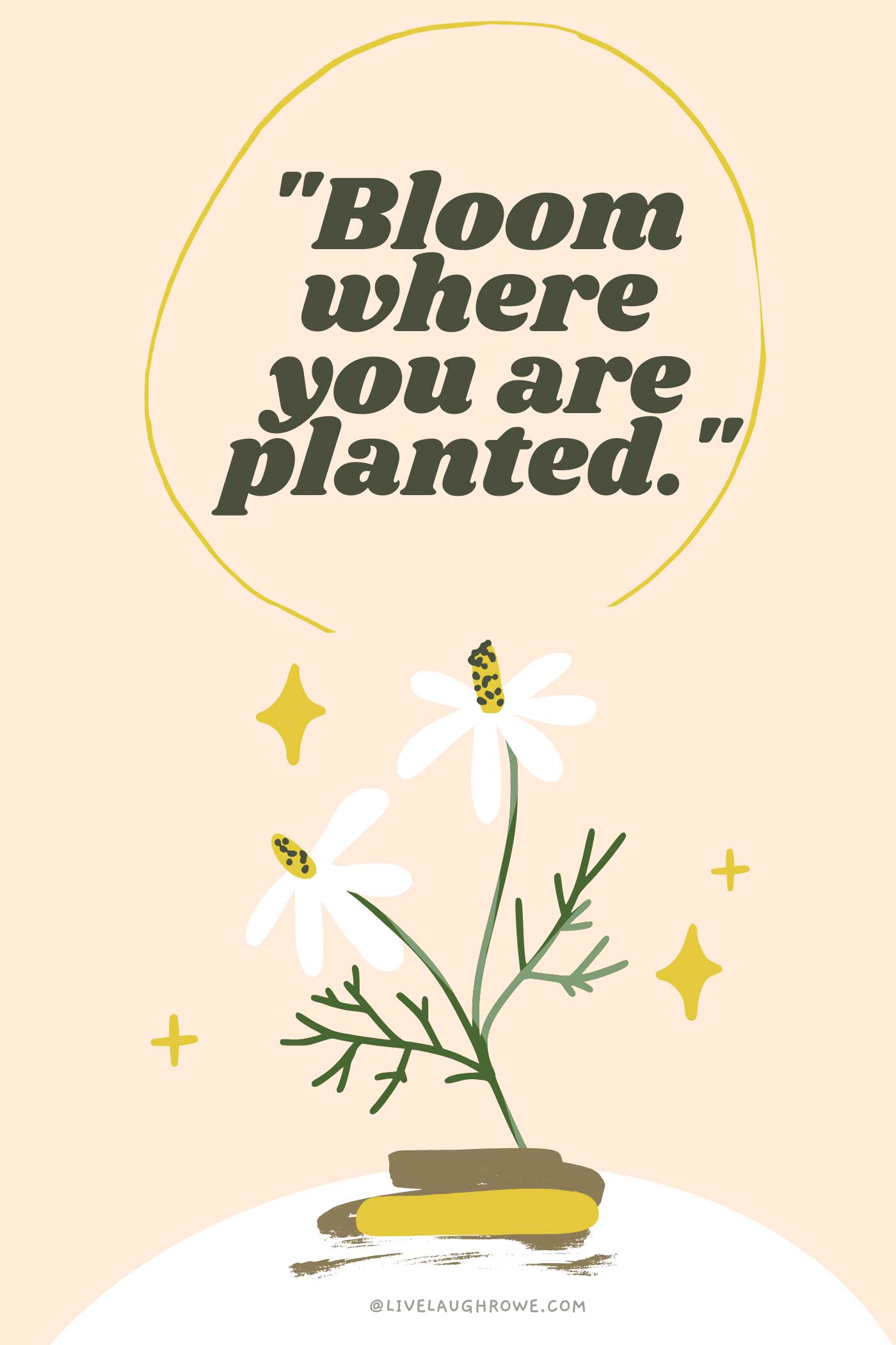 Illustrated floral artwork with the quote &ldquo;Bloom where you are planted&rdquo; featuring white daisies, greenery, and soft neutral tones.