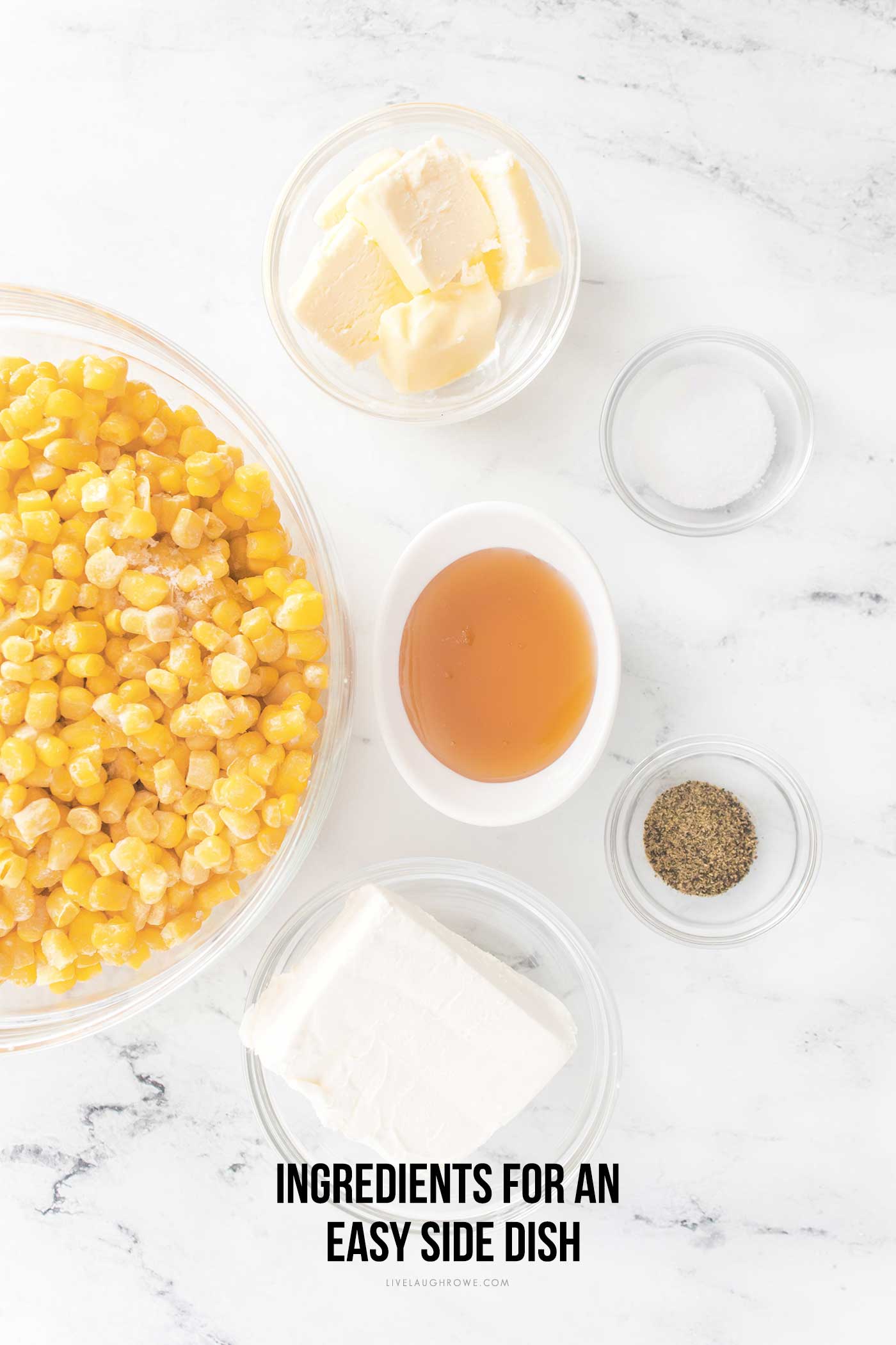 ingredients for honey butter skillet corn with text overlay