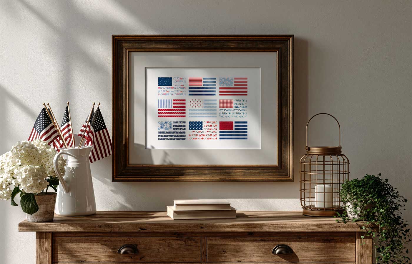 American flag wall art printable featuring nine patterned flag designs displayed in a dark wood frame above a rustic console table with patriotic accents.