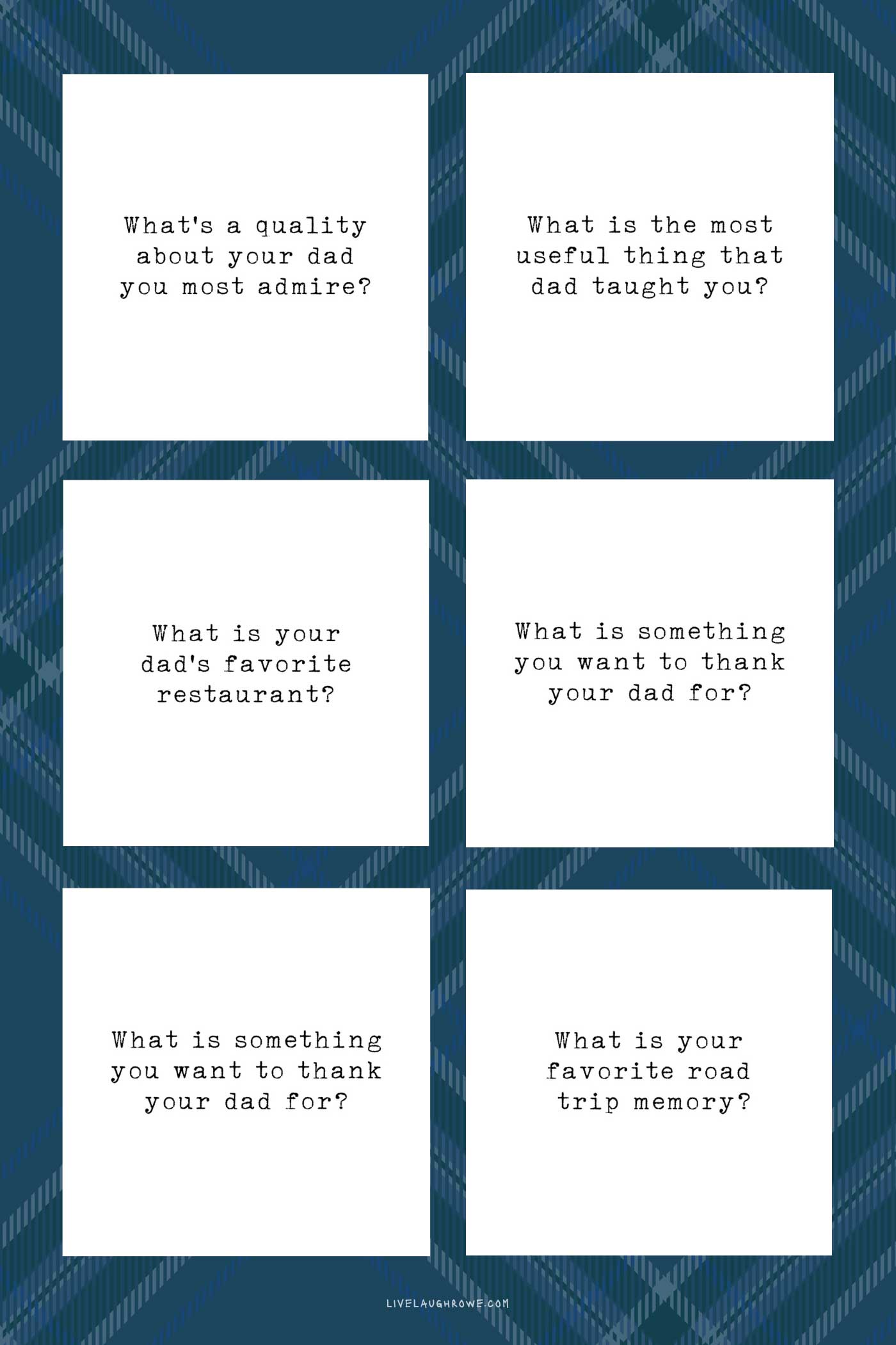 Collection of printable Father's Day conversation starter cards with family discussion questions arranged on a blue plaid background.