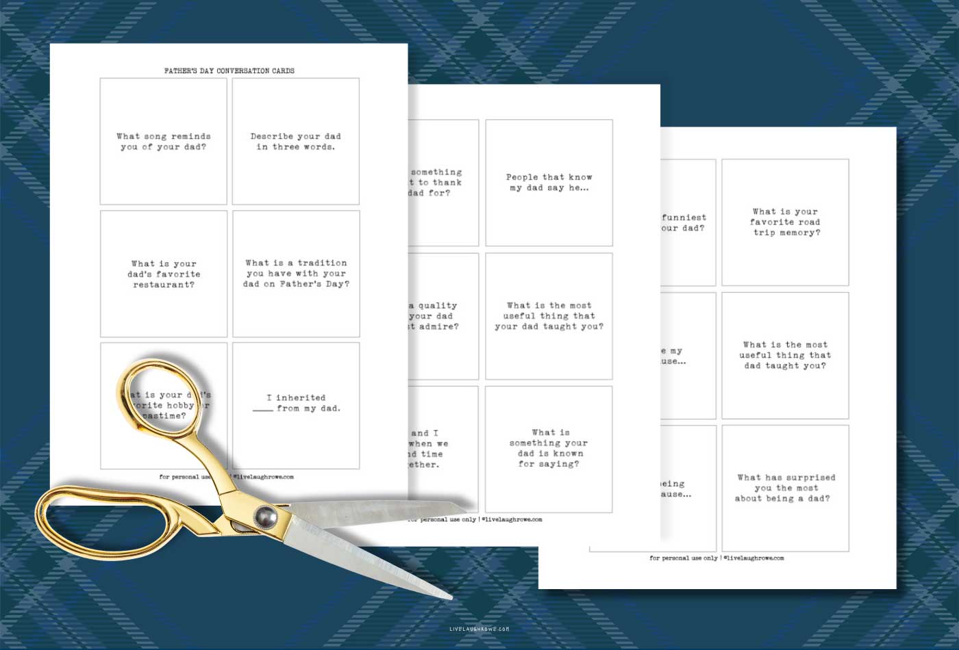 Printable Father's Day conversation starter cards displayed on a blue plaid background with gold scissors, featuring thoughtful questions for dads and family gatherings.
