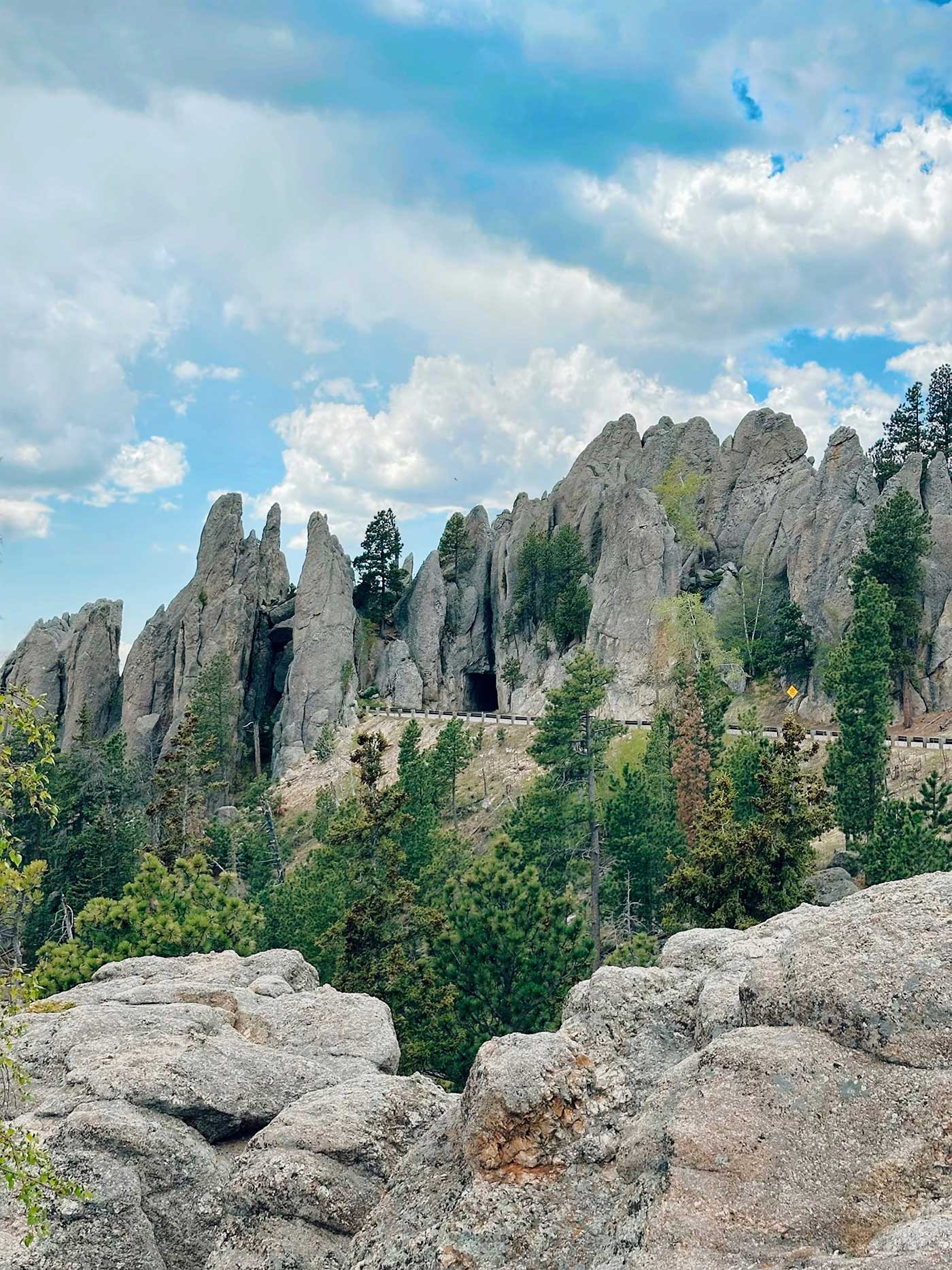 Towering granite rock formations rising above the trees along Needles Highway.