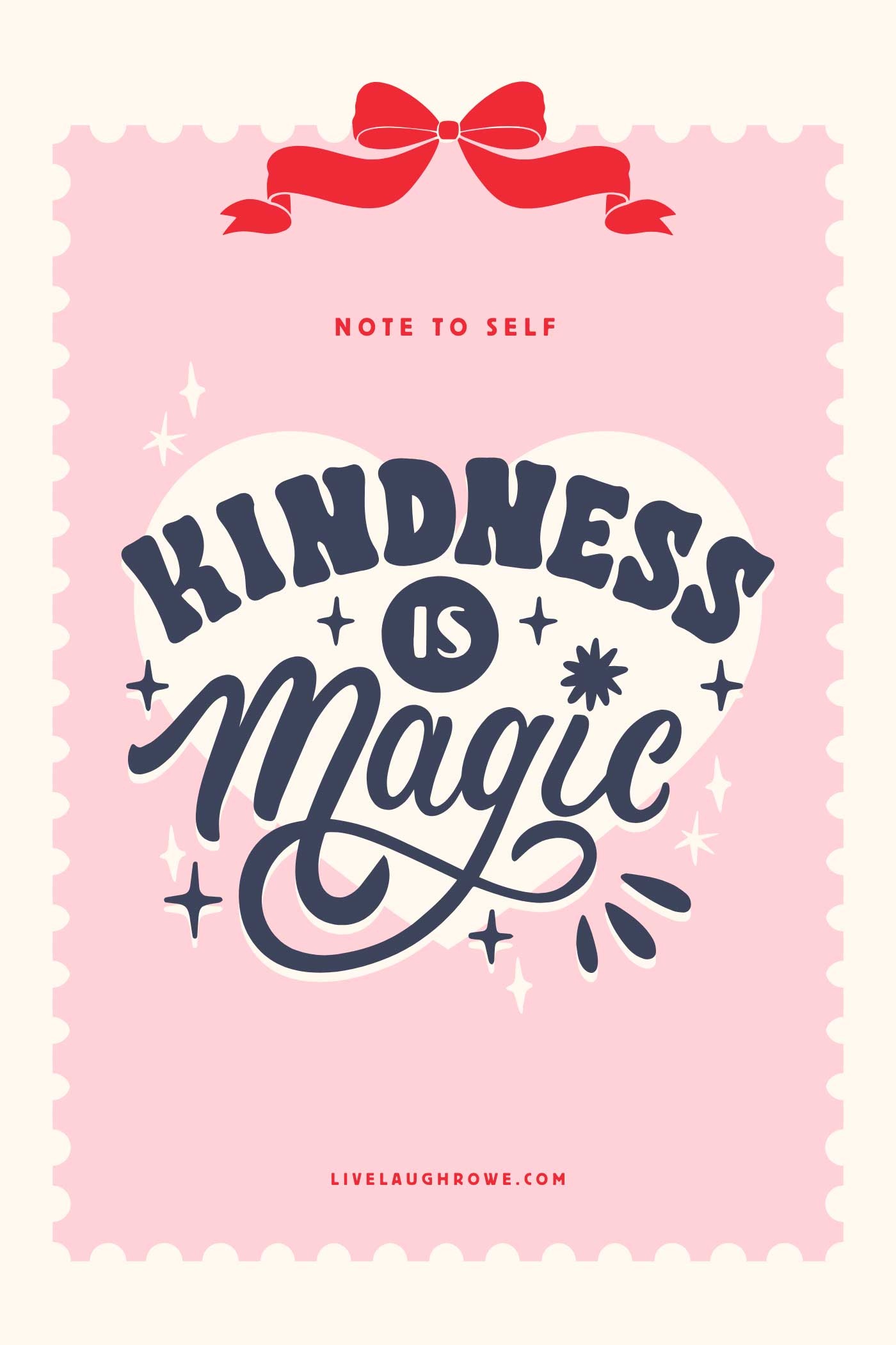 Pink inspirational graphic featuring the phrase "Kindness Is Magic" with whimsical typography, stars, and a red bow.