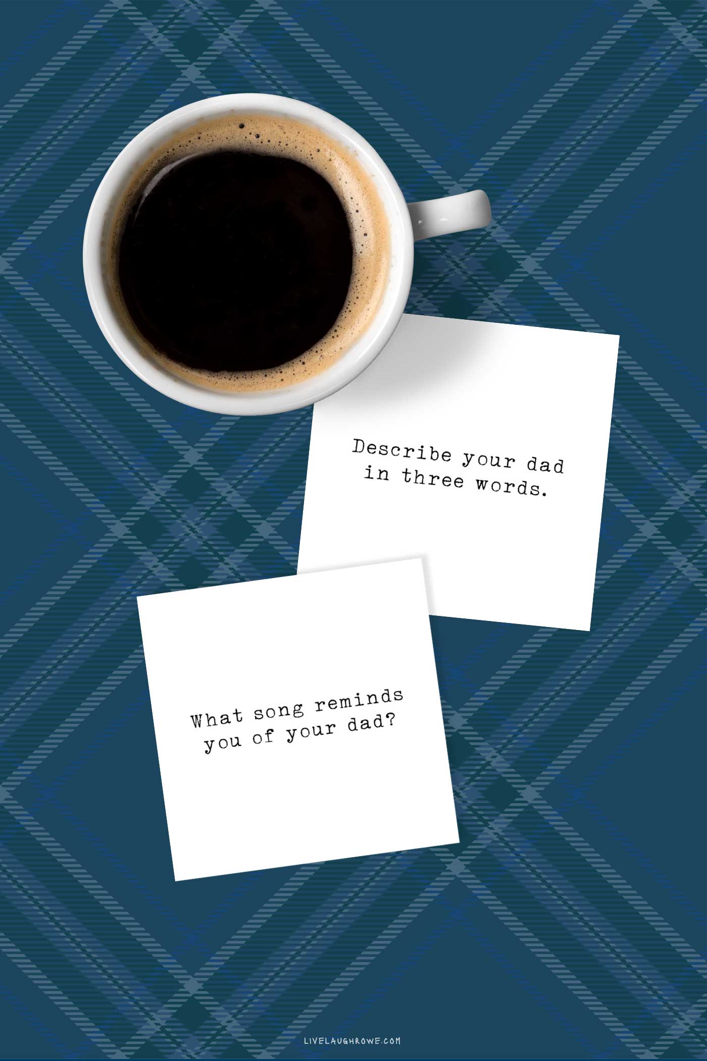 Father's Day conversation starter cards displayed beside a cup of coffee on a blue plaid background for family gatherings.