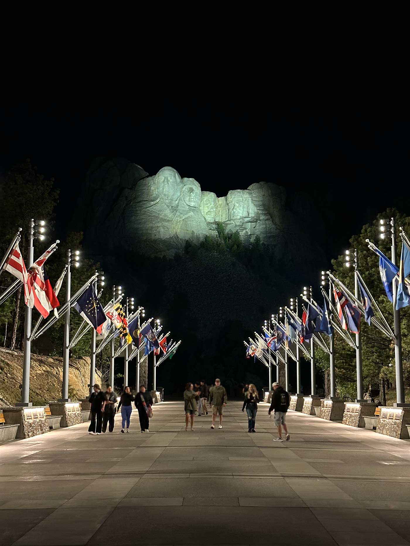 Mount Rushmore illuminated at night with rows of state flags lining the walkway.