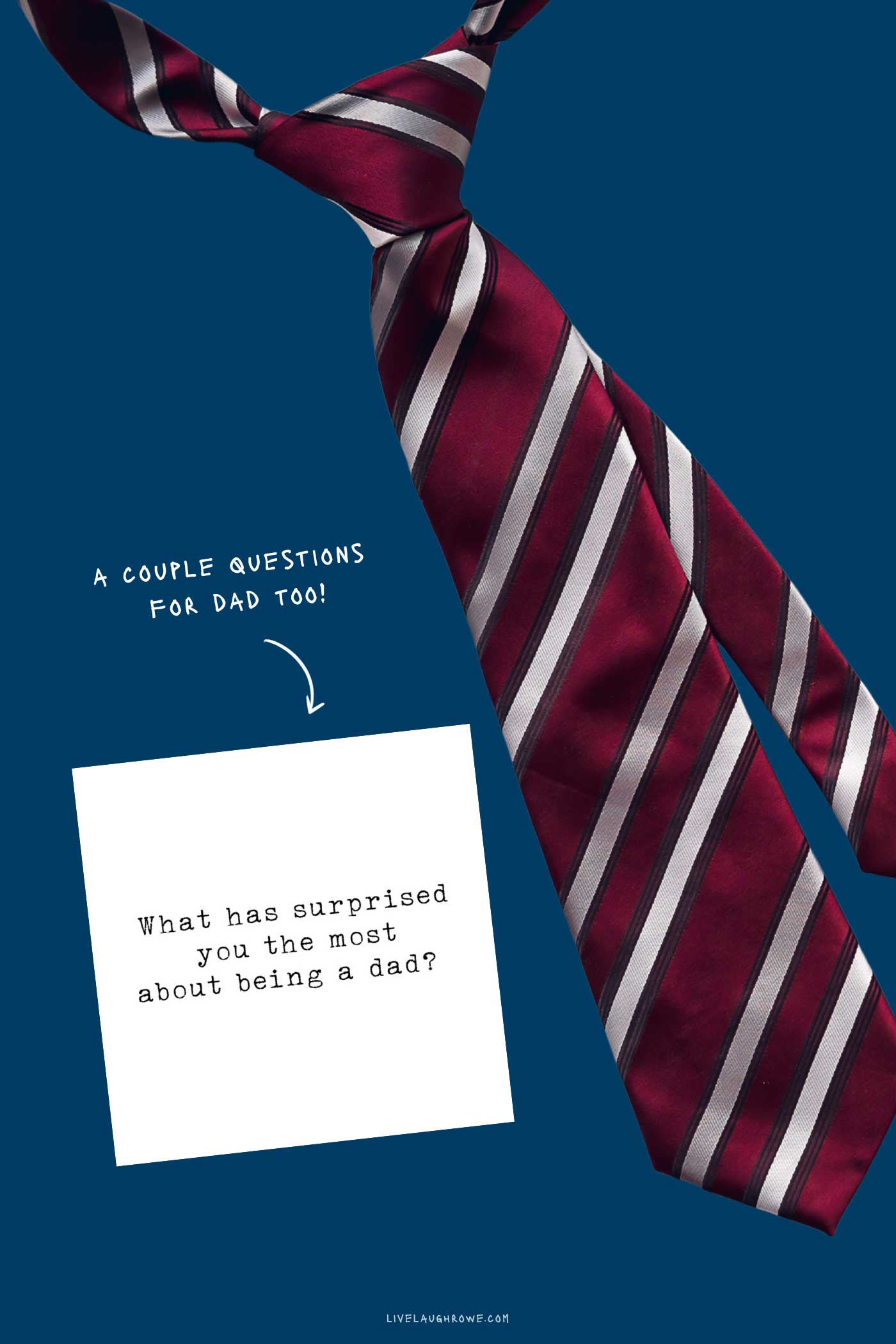 Father's Day conversation starter card featuring a thoughtful question for Dad displayed next to a striped necktie on a blue background.