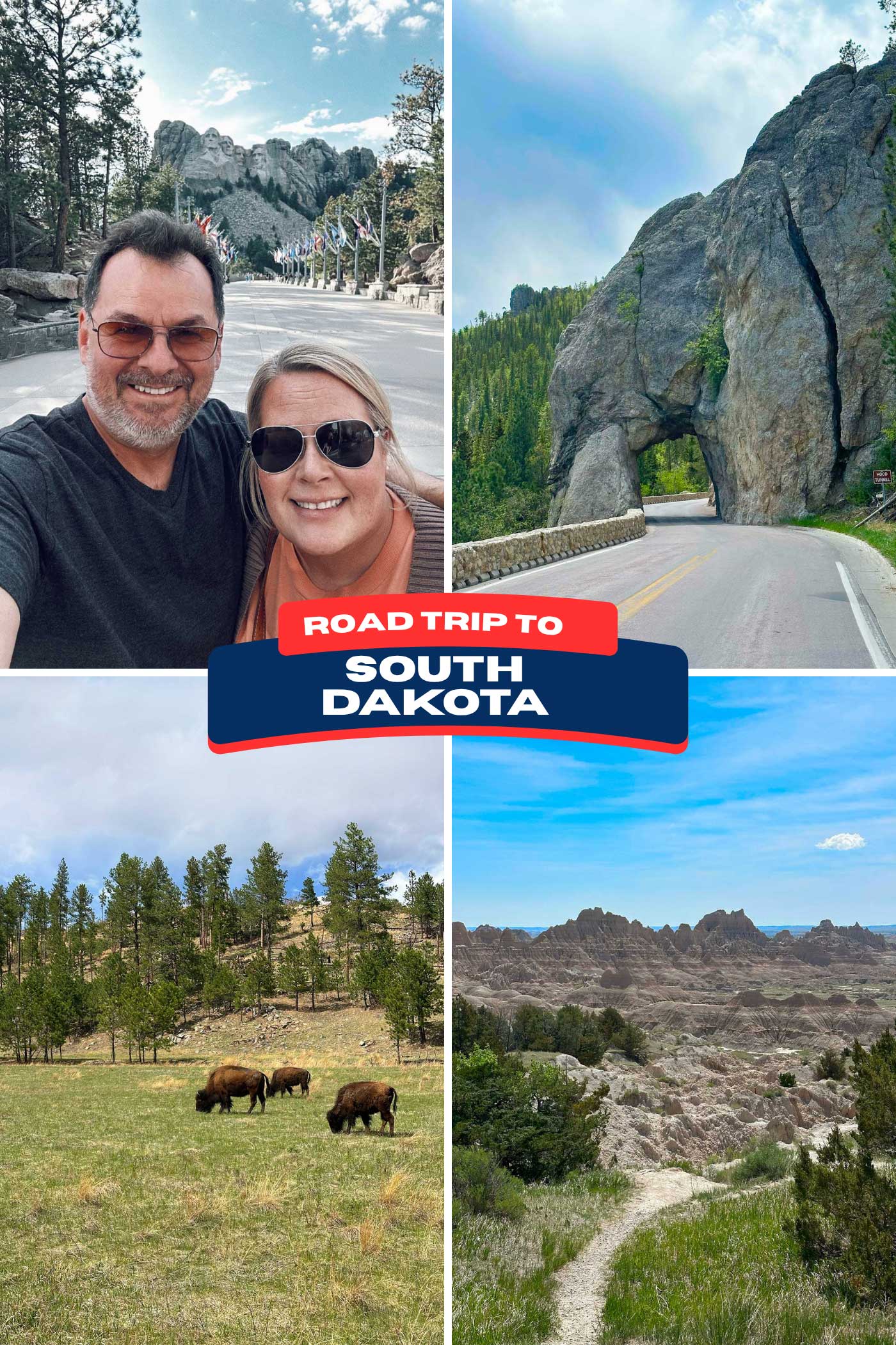 Collage of photos with text overlay Road Trip to South Dakota