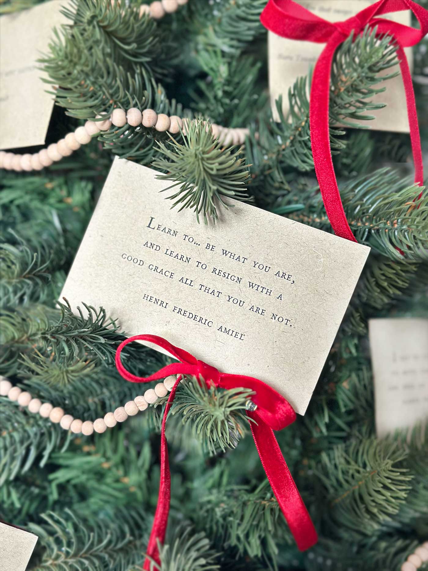 Close-up of a vintage-inspired quote card tied to a Christmas tree branch with red velvet ribbon.