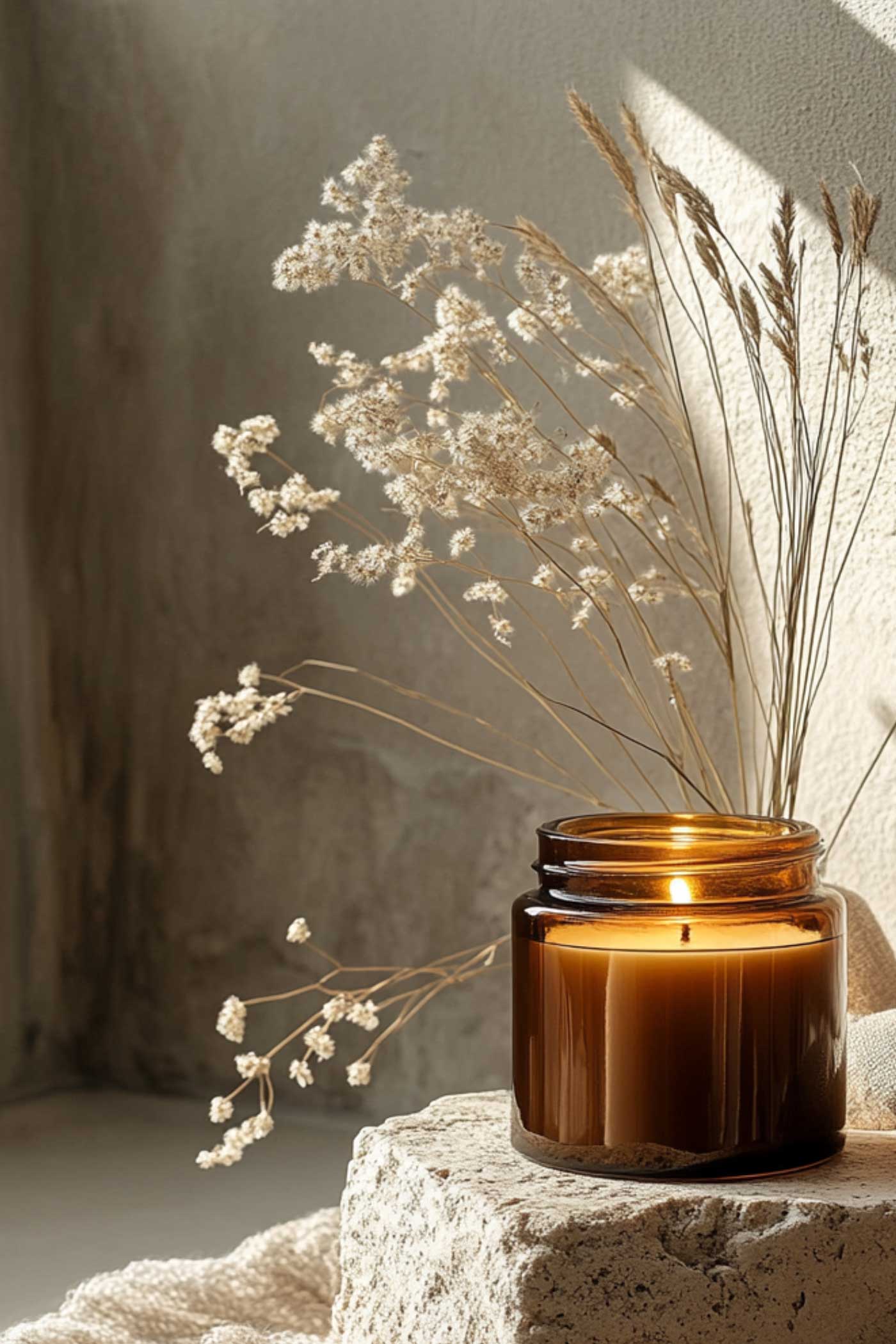 Lit amber glass candle with dried wildflowers in warm morning sunlight, creating a cozy and peaceful home atmosphere.