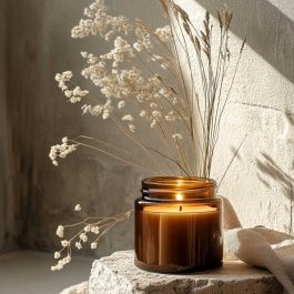 Amber glass candle burning beside dried wildflowers in warm afternoon sunlight, creating a cozy and peaceful neutral home decor vignette.